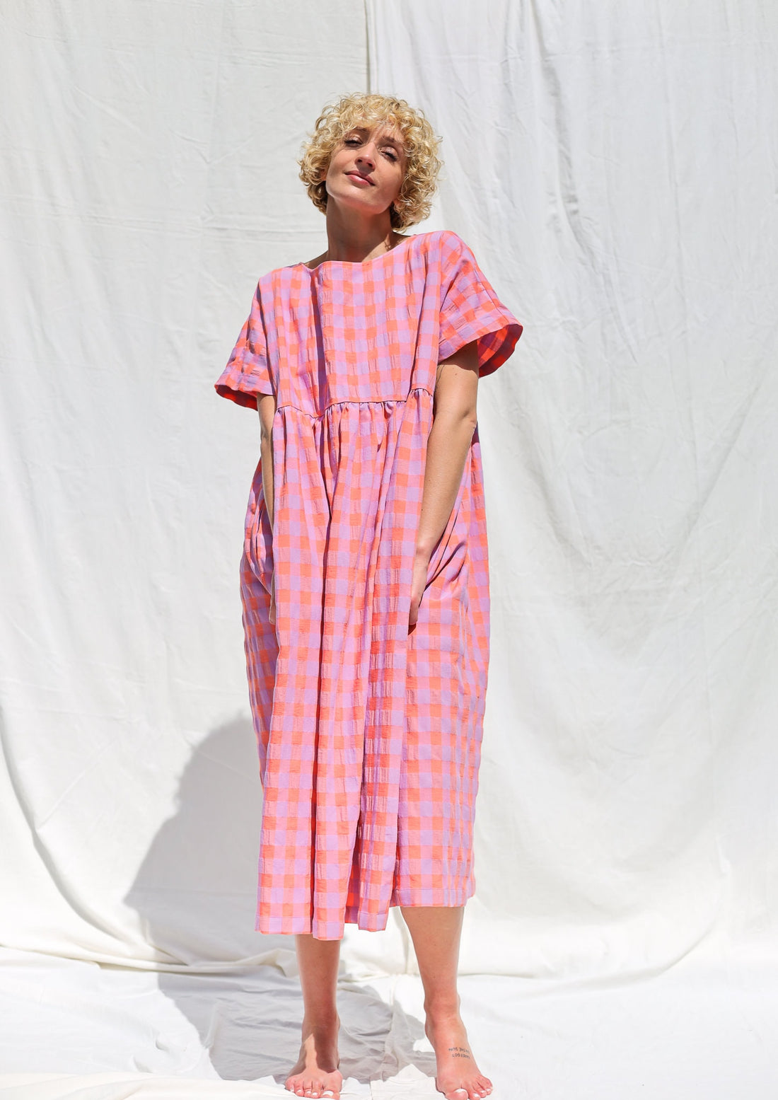 Oversized seersucker checks dress SILVINA • OFFON CLOTHING
