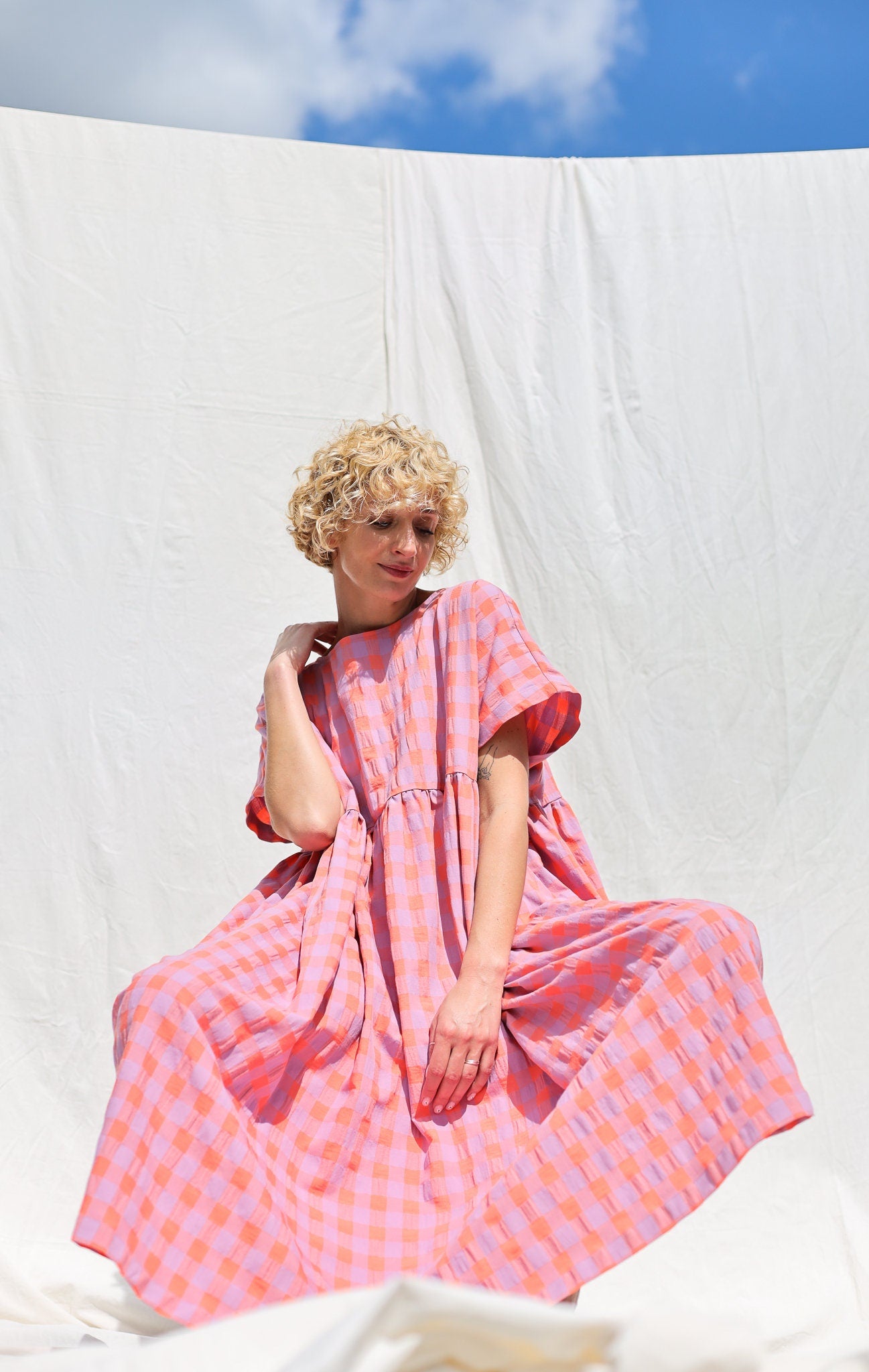 Oversized seersucker checks dress SILVINA • OFFON CLOTHING