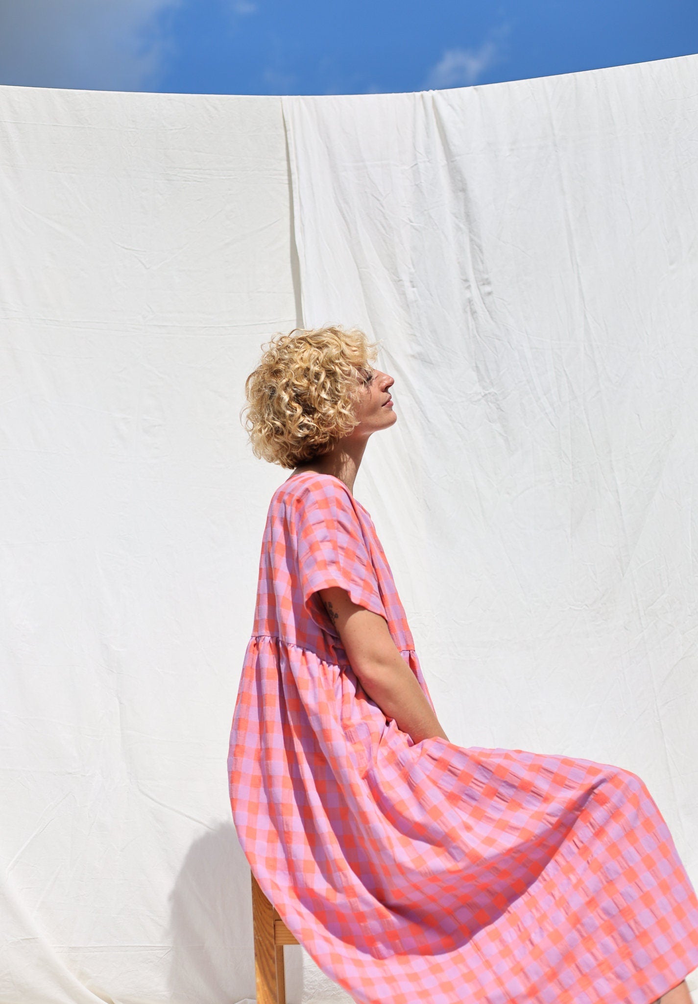 Oversized seersucker checks dress SILVINA • OFFON CLOTHING