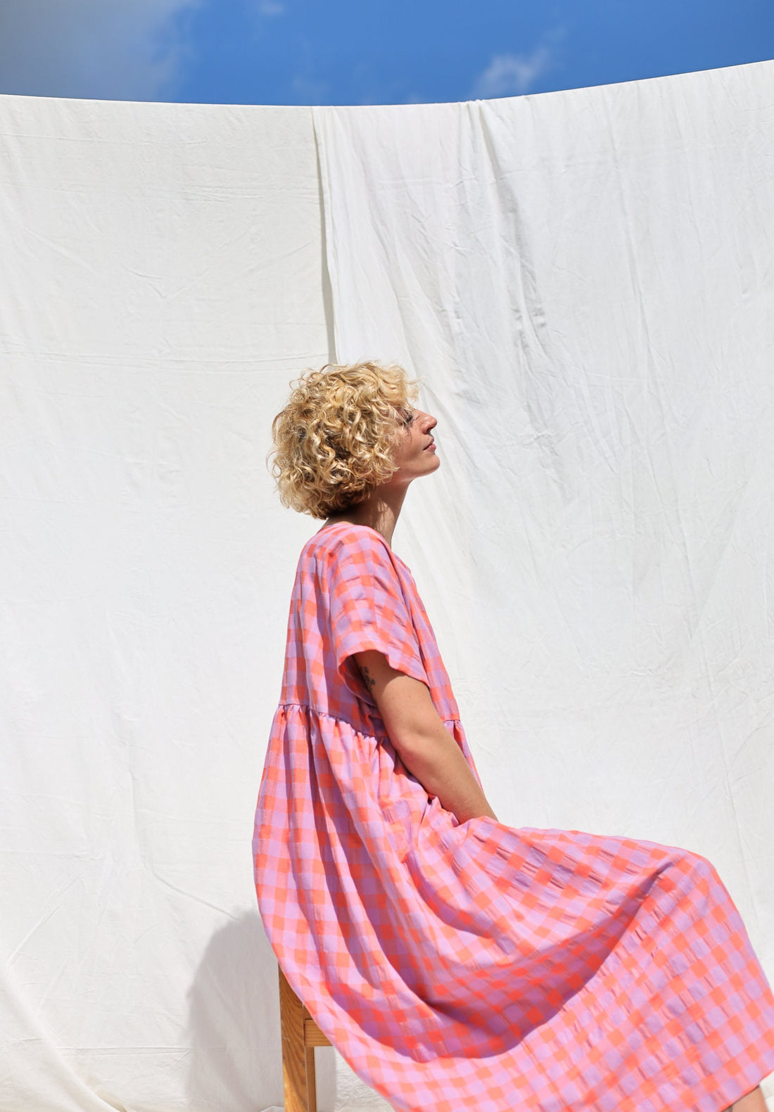 Oversized seersucker checks dress SILVINA • OFFON CLOTHING