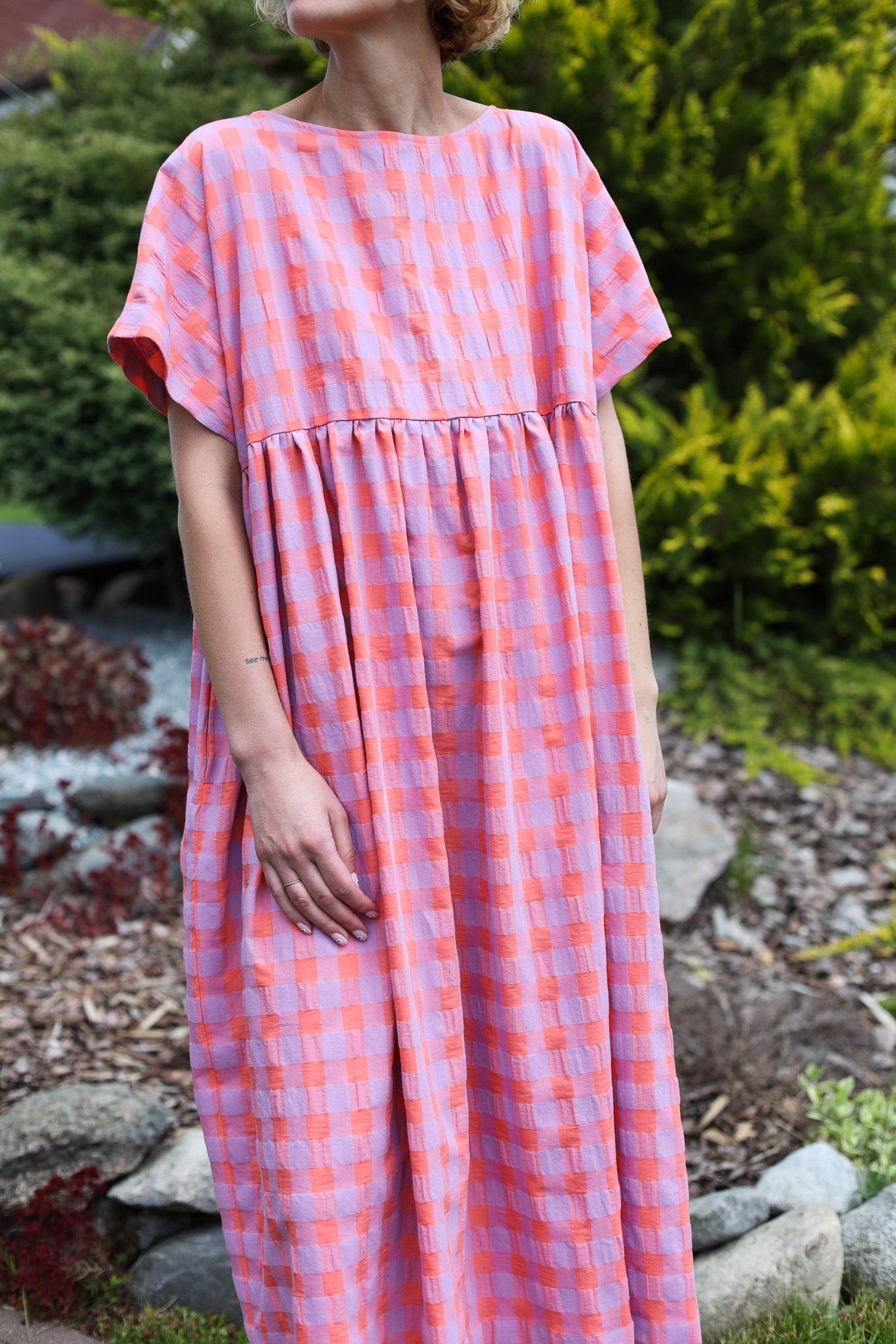 Oversized seersucker checks dress SILVINA • OFFON CLOTHING