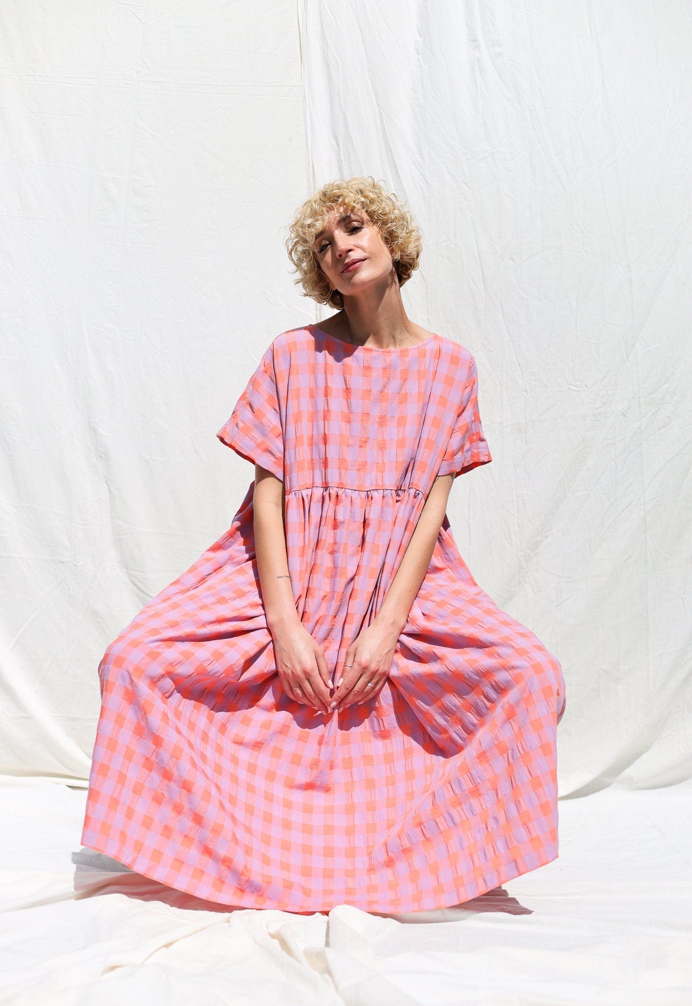 Oversized seersucker checks dress SILVINA • OFFON CLOTHING