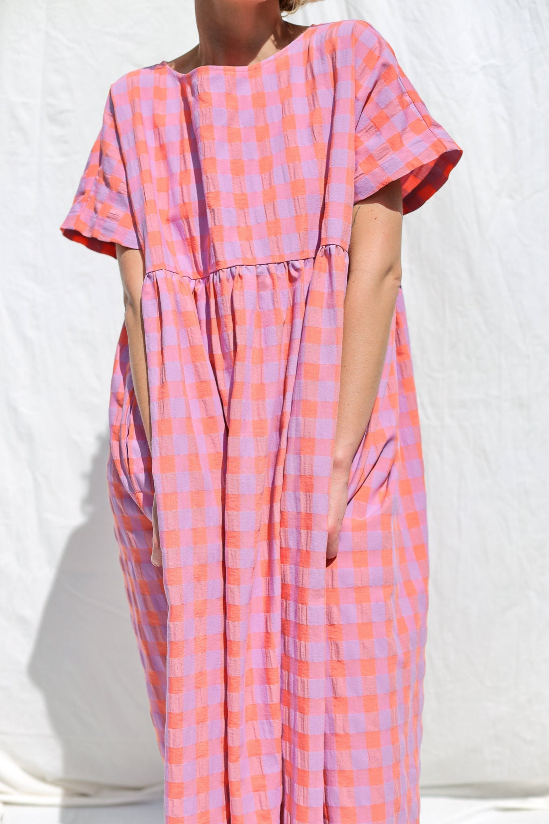 Oversized seersucker checks dress SILVINA • OFFON CLOTHING
