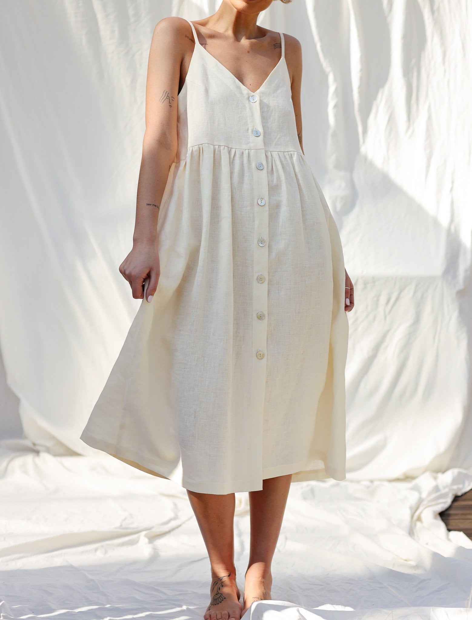 Adjustable straps summer linen dress ELOISE in ivory color / OFFON Clothing