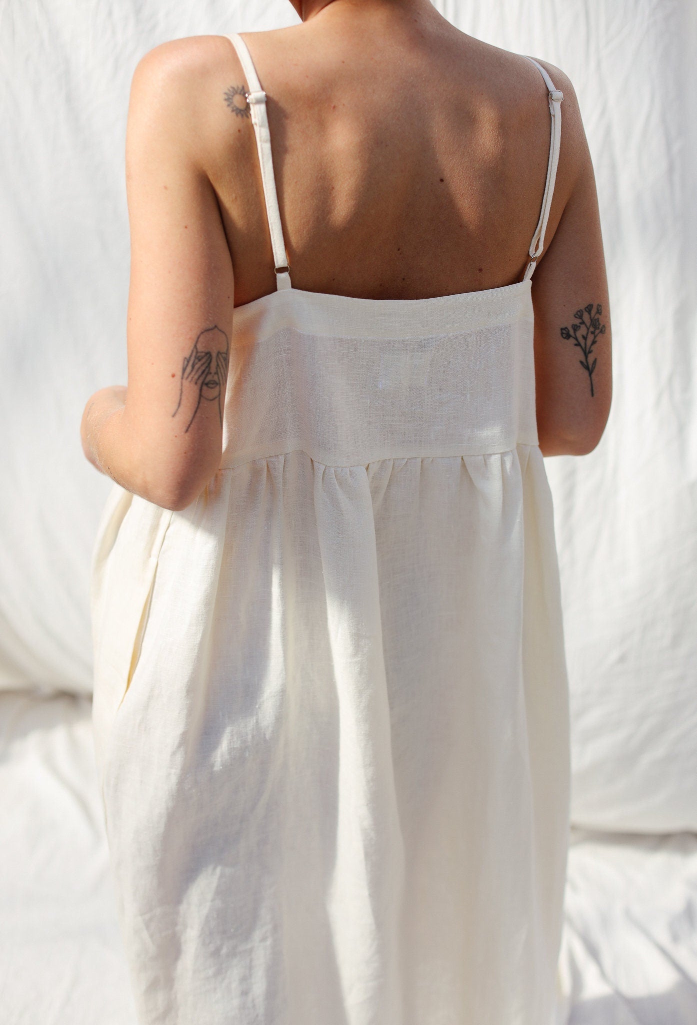 Adjustable straps summer linen dress ELOISE in ivory color / OFFON Clothing