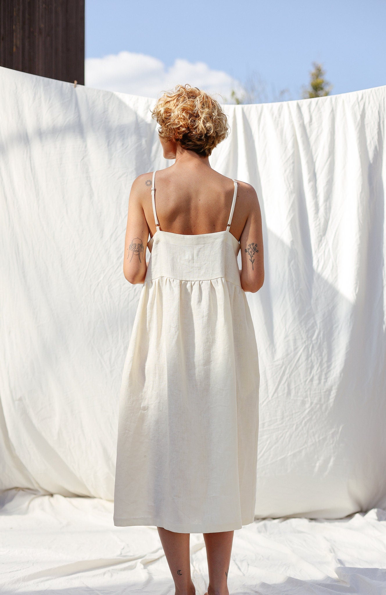 Adjustable straps summer linen dress ELOISE in ivory color / OFFON Clothing