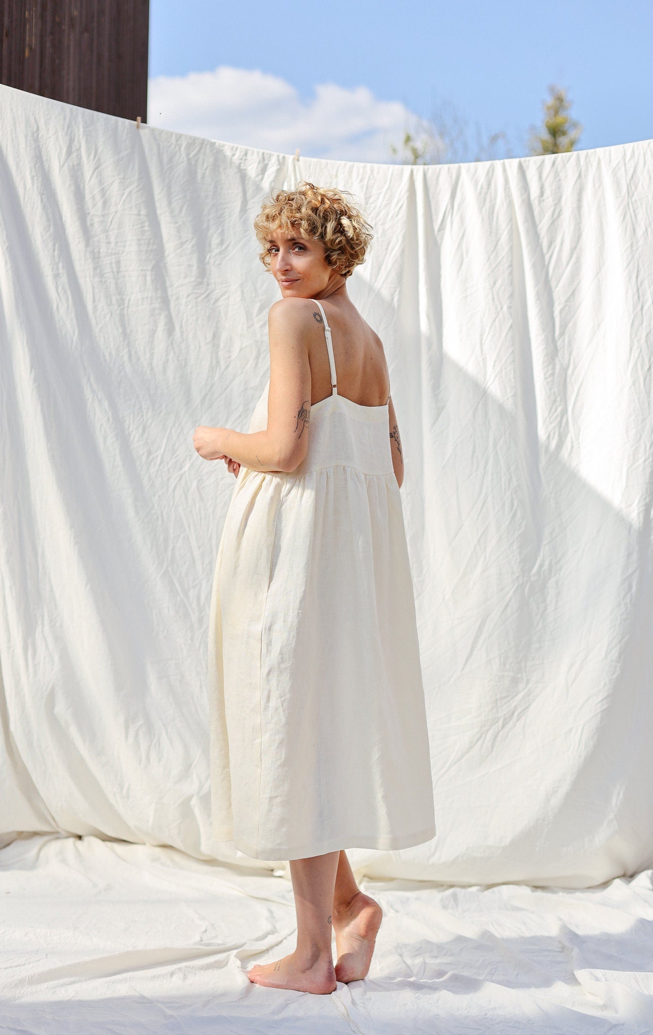 Adjustable straps summer linen dress ELOISE in ivory color / OFFON Clothing
