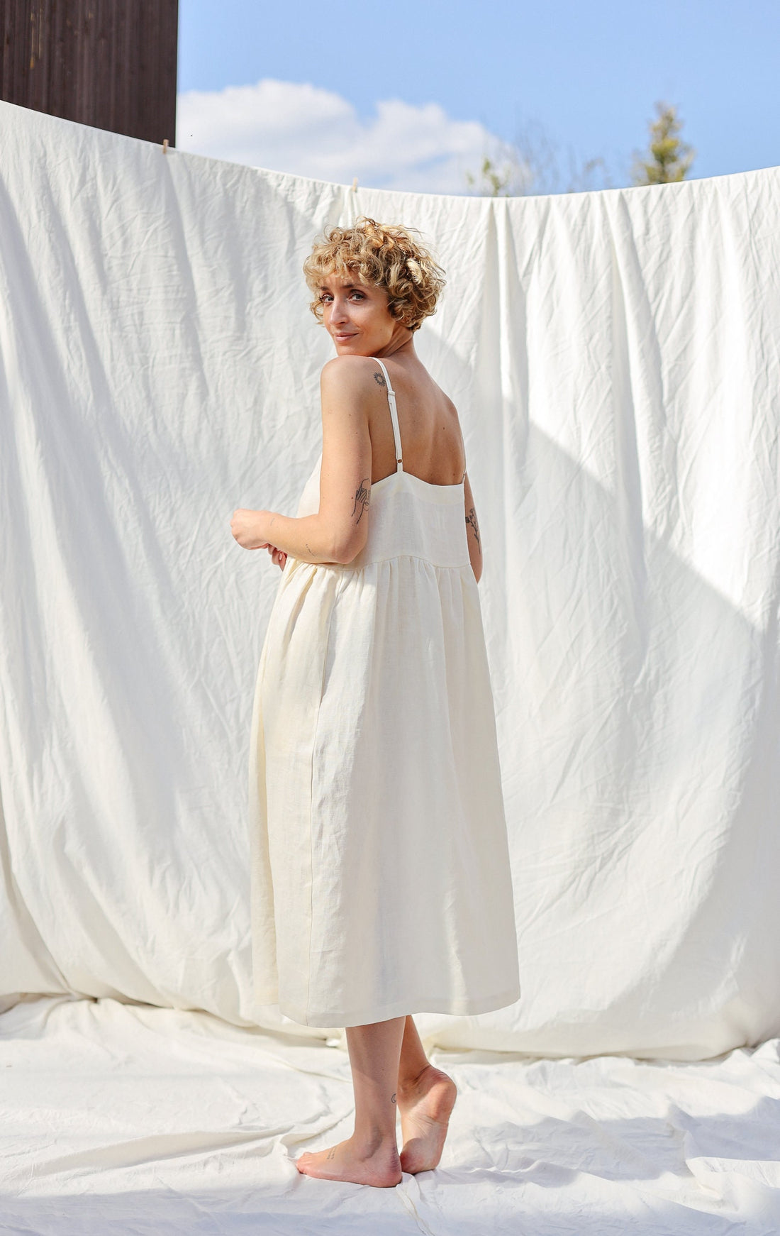 Adjustable straps summer linen dress ELOISE in ivory color / OFFON Clothing