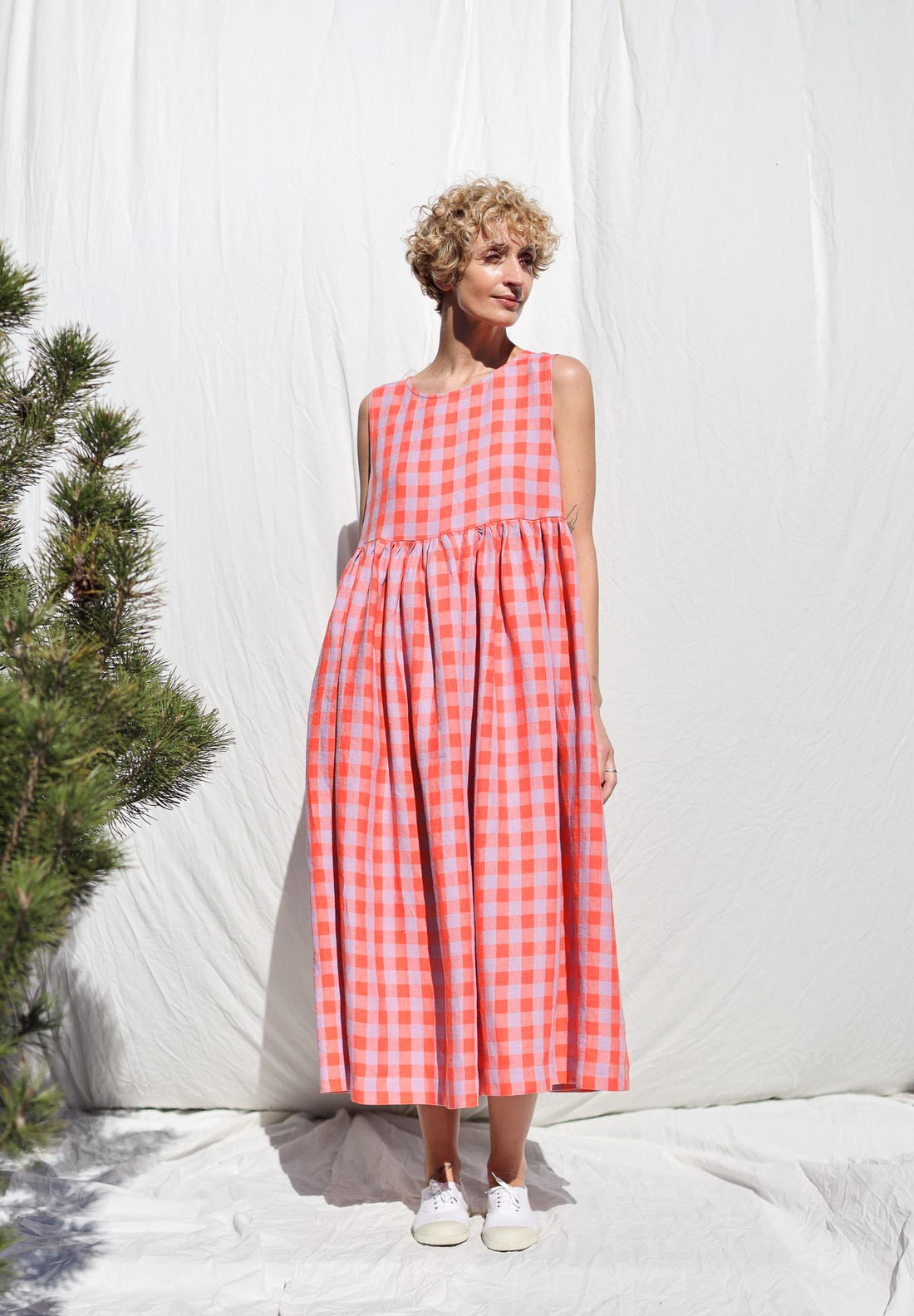 Sleeveless linen smock dress in pink checks • OFFON CLOTHING