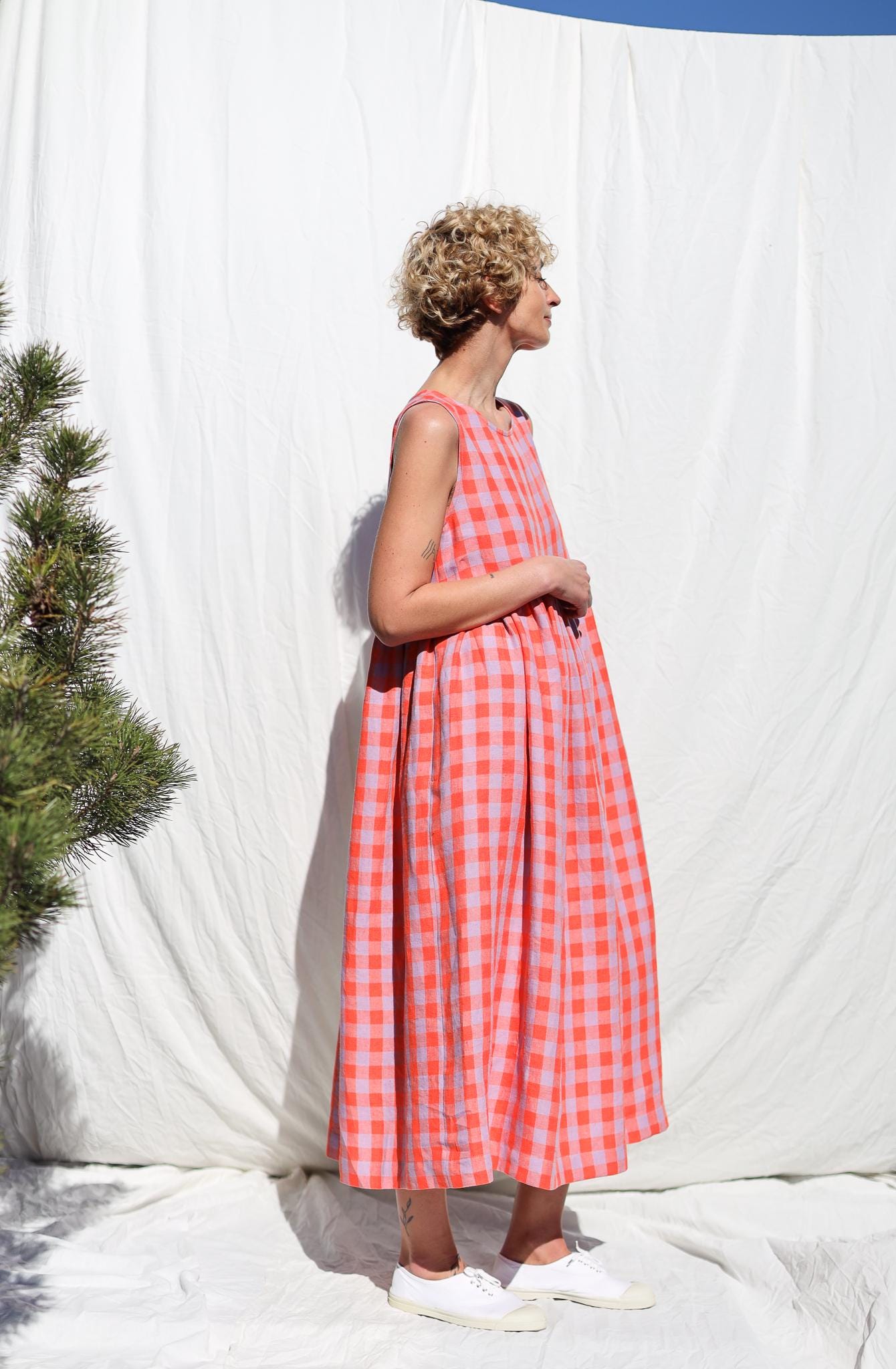 Sleeveless linen smock dress in pink checks • OFFON CLOTHING