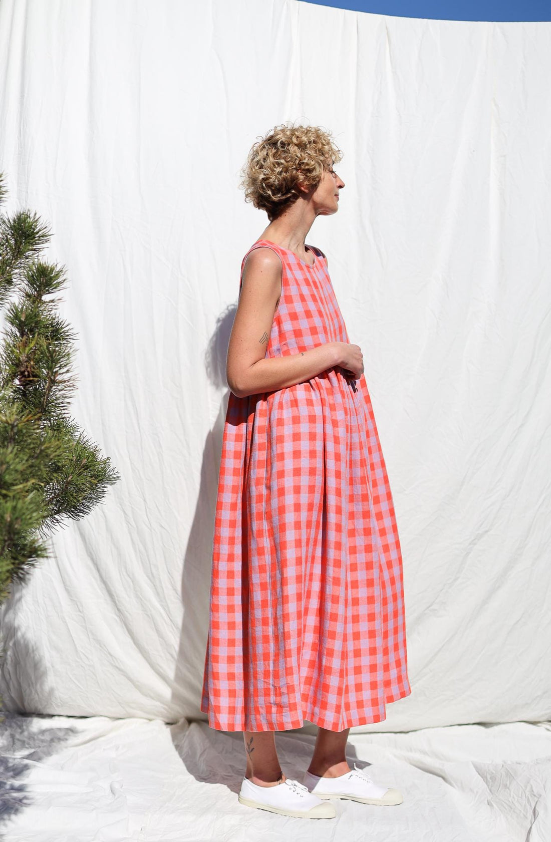 Sleeveless linen smock dress in pink checks • OFFON CLOTHING