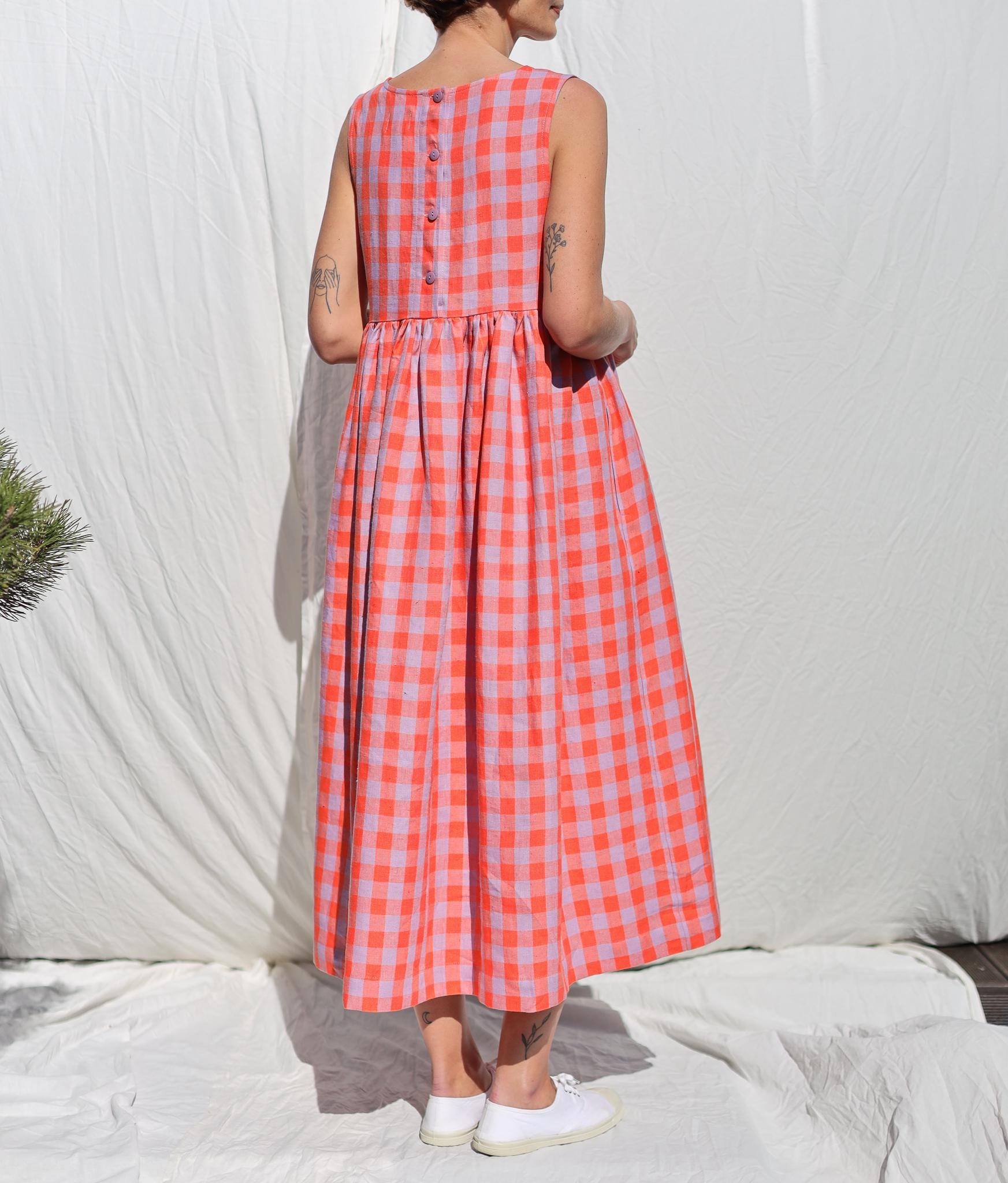 Sleeveless linen smock dress in pink checks • OFFON CLOTHING