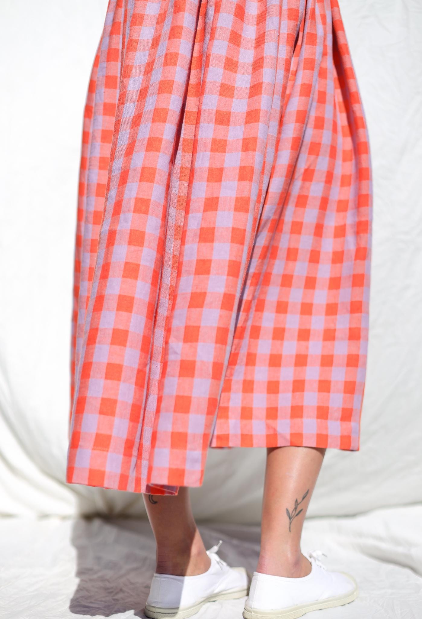 Sleeveless linen smock dress in pink checks • OFFON CLOTHING