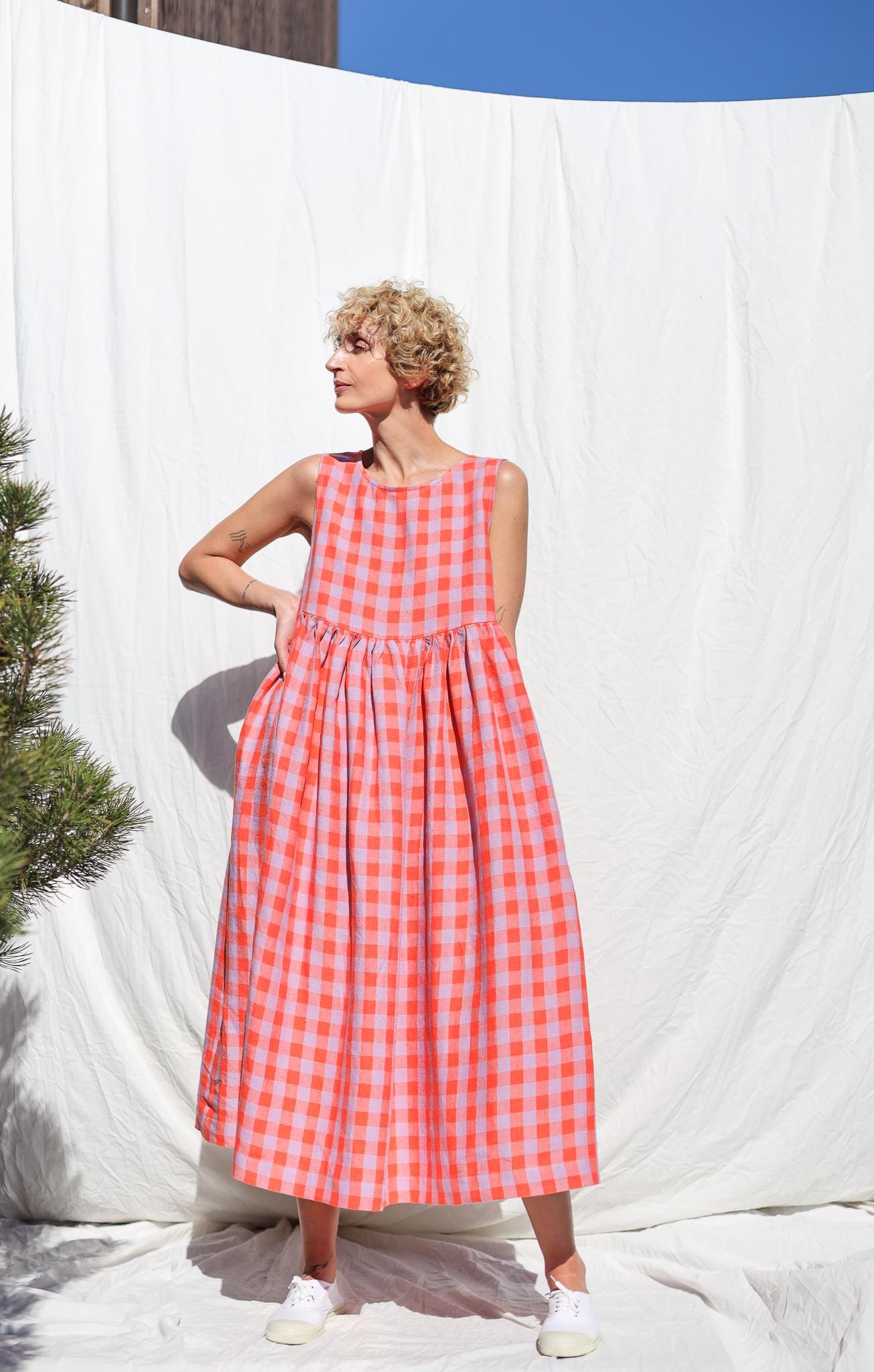 Sleeveless linen smock dress in pink checks • OFFON CLOTHING