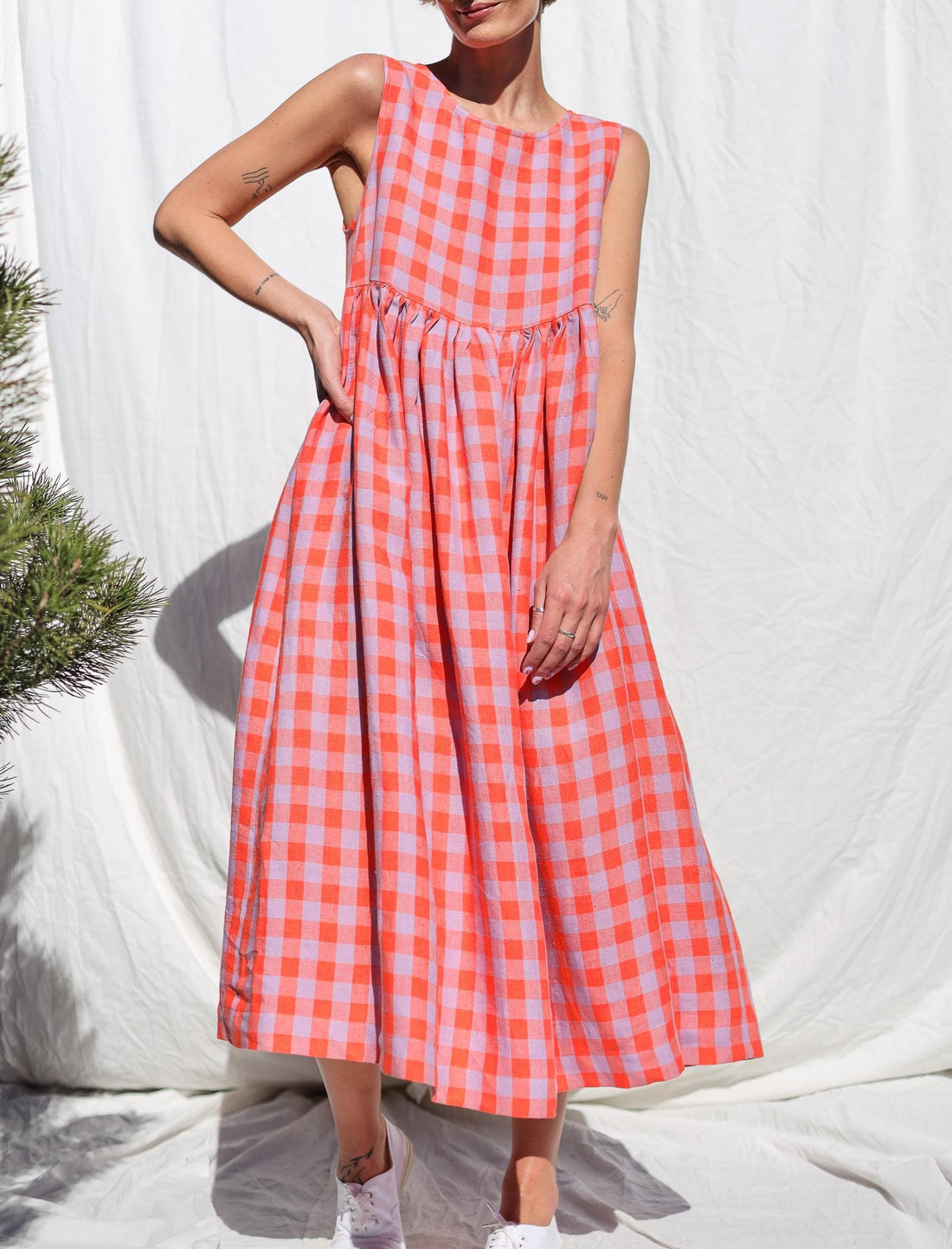 Sleeveless linen smock dress in pink checks • OFFON CLOTHING