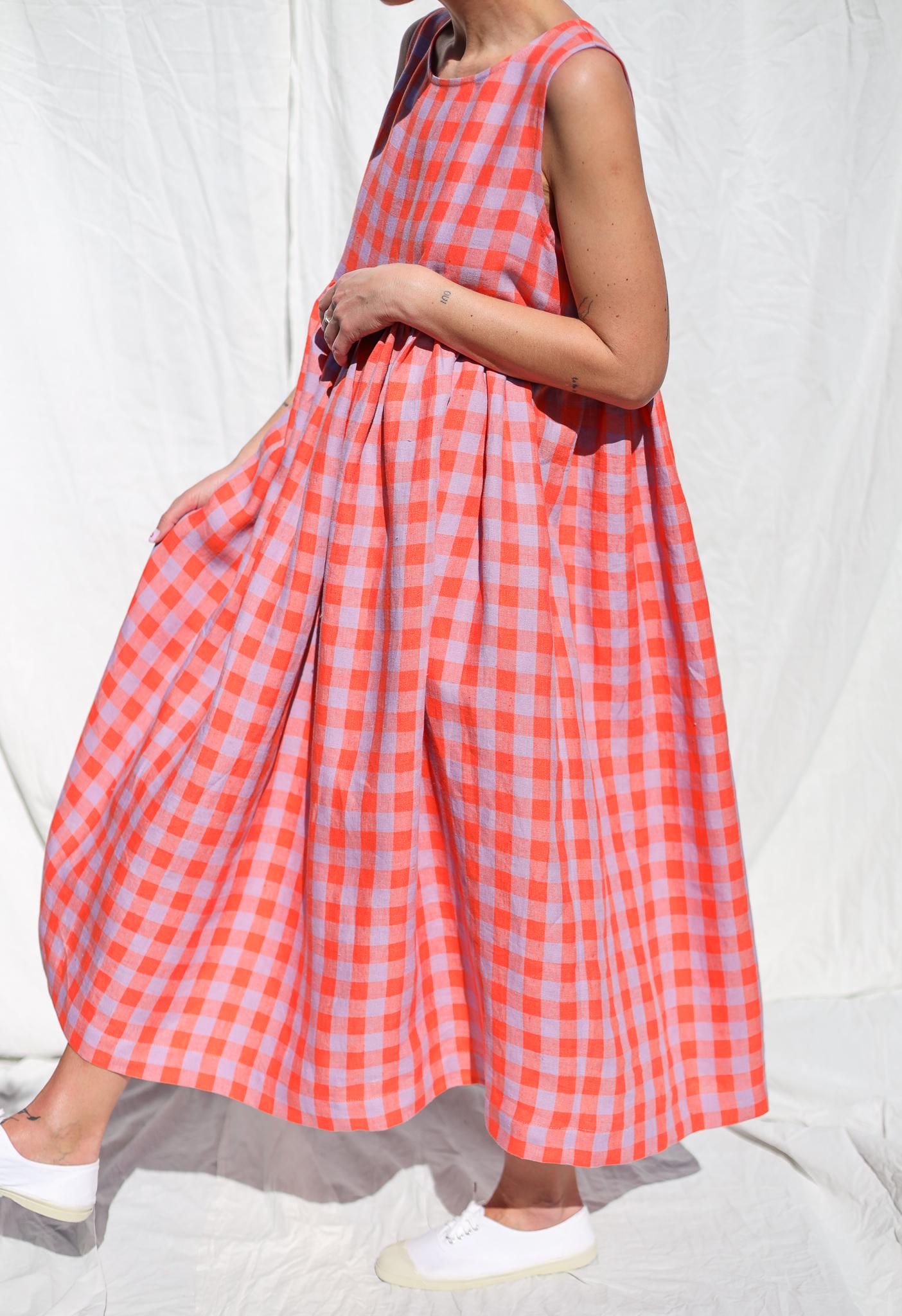 Sleeveless linen smock dress in pink checks • OFFON CLOTHING
