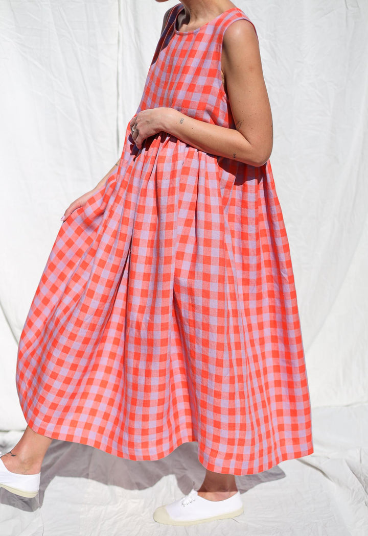 Sleeveless linen smock dress in pink checks • OFFON CLOTHING
