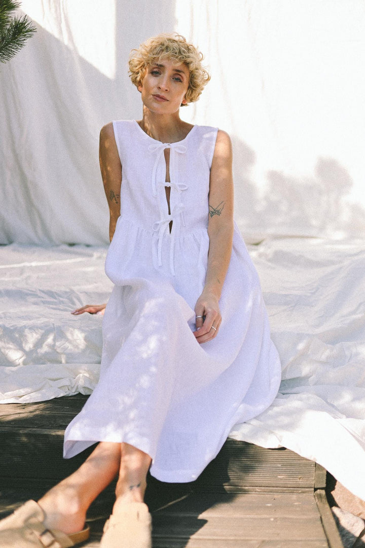 Sleeveless linen dress with ties and ruffled skirt GEMMA • OFFON CLOTHING