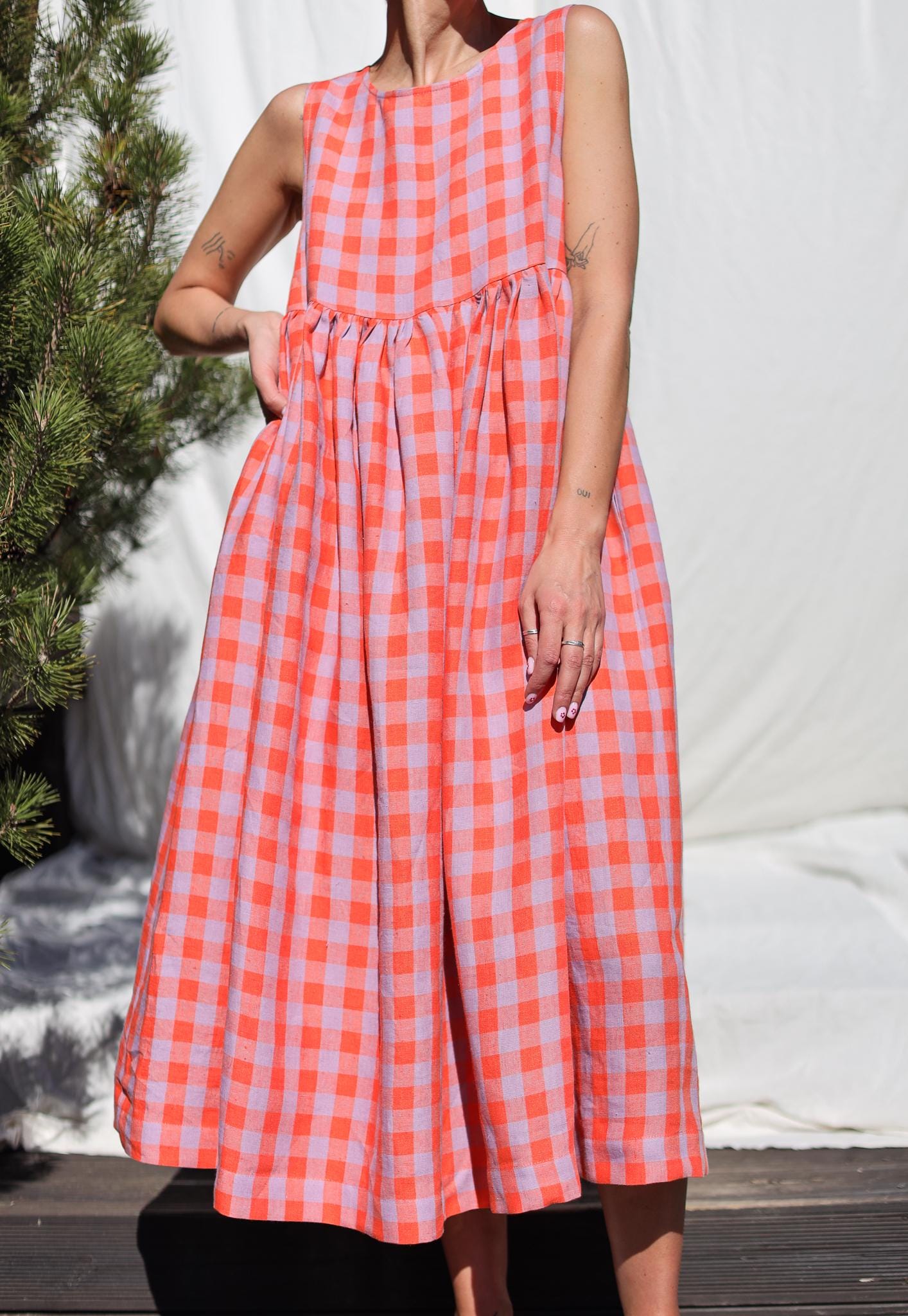 Sleeveless linen smock dress in pink checks • OFFON CLOTHING