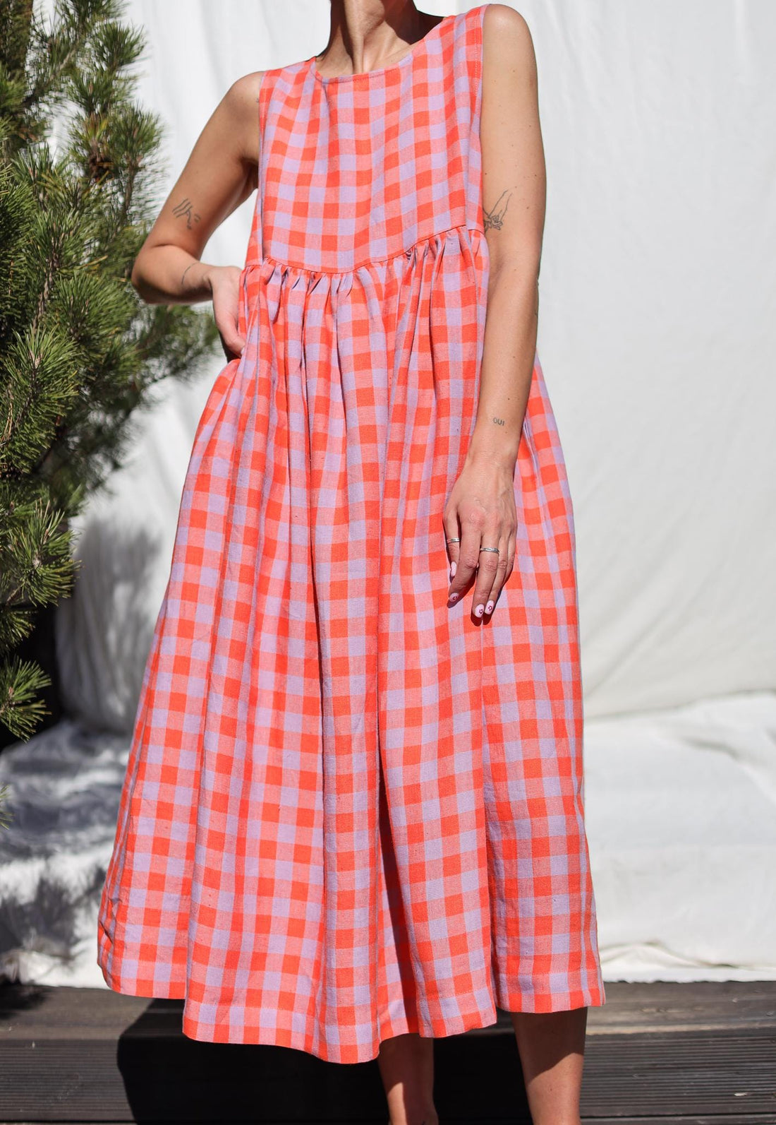 Sleeveless linen smock dress in pink checks • OFFON CLOTHING