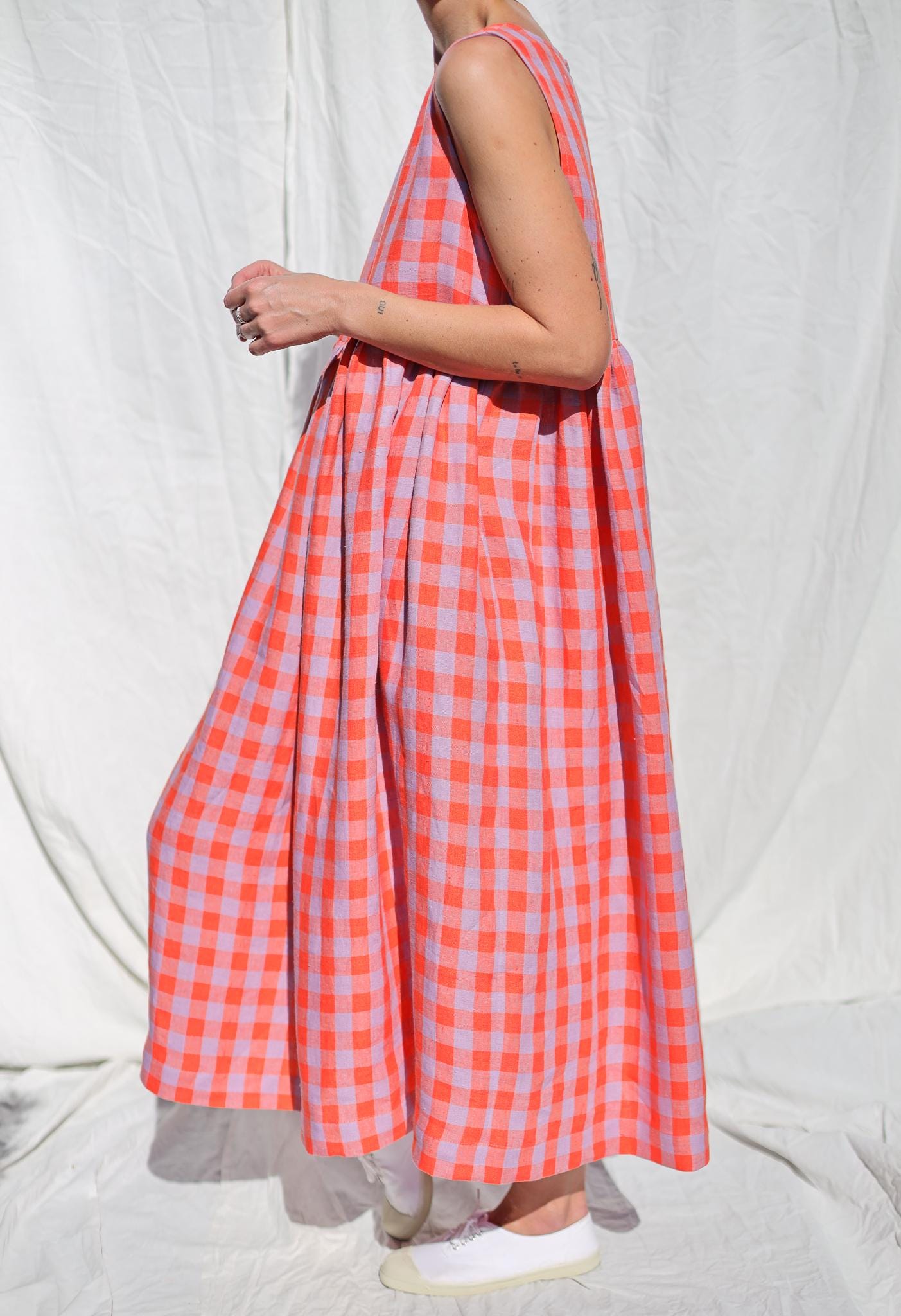 Sleeveless linen smock dress in pink checks • OFFON CLOTHING