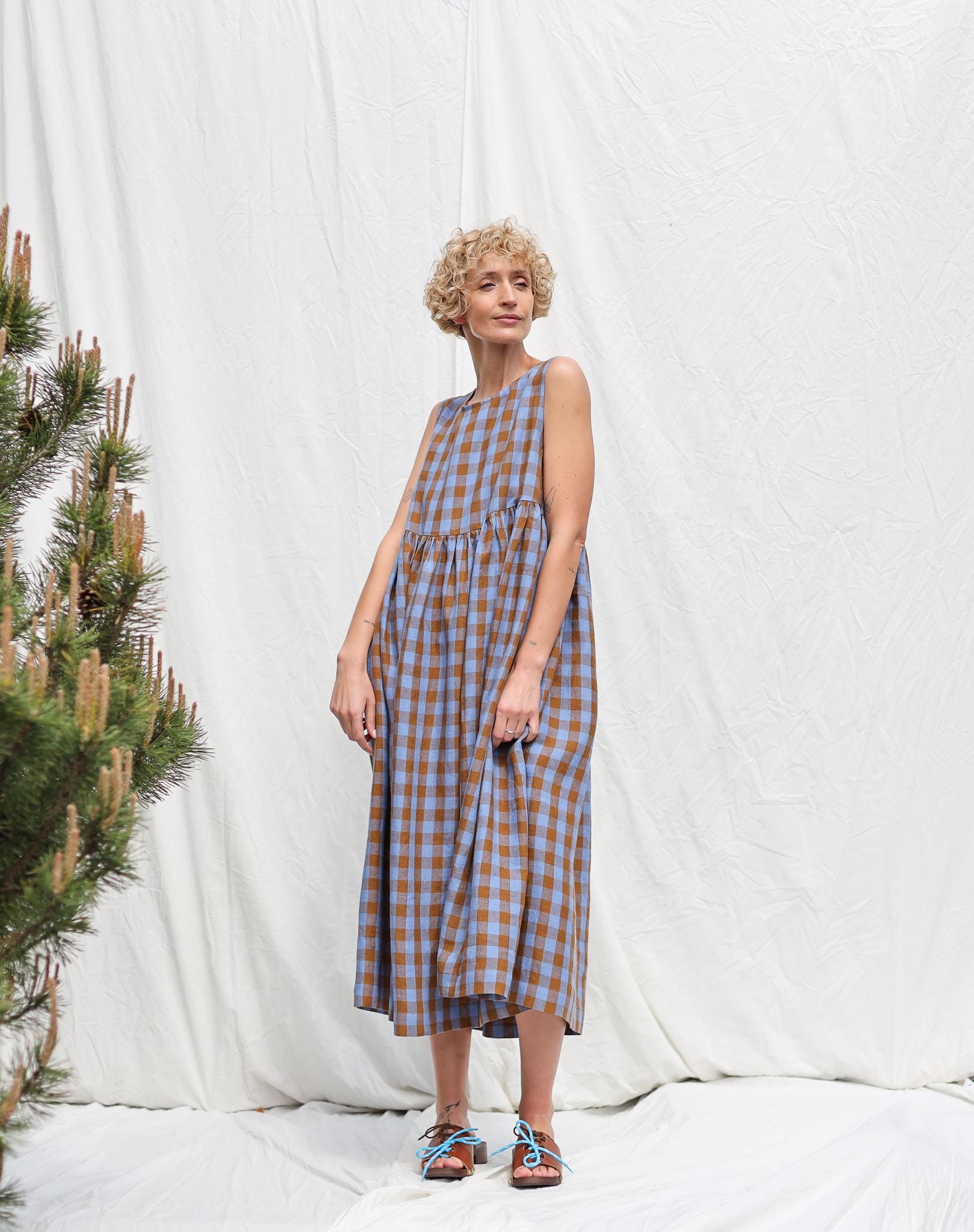 Exclusive Blue Bonnet Linen checks smock sleeveless dress • OFFON CLOTHING