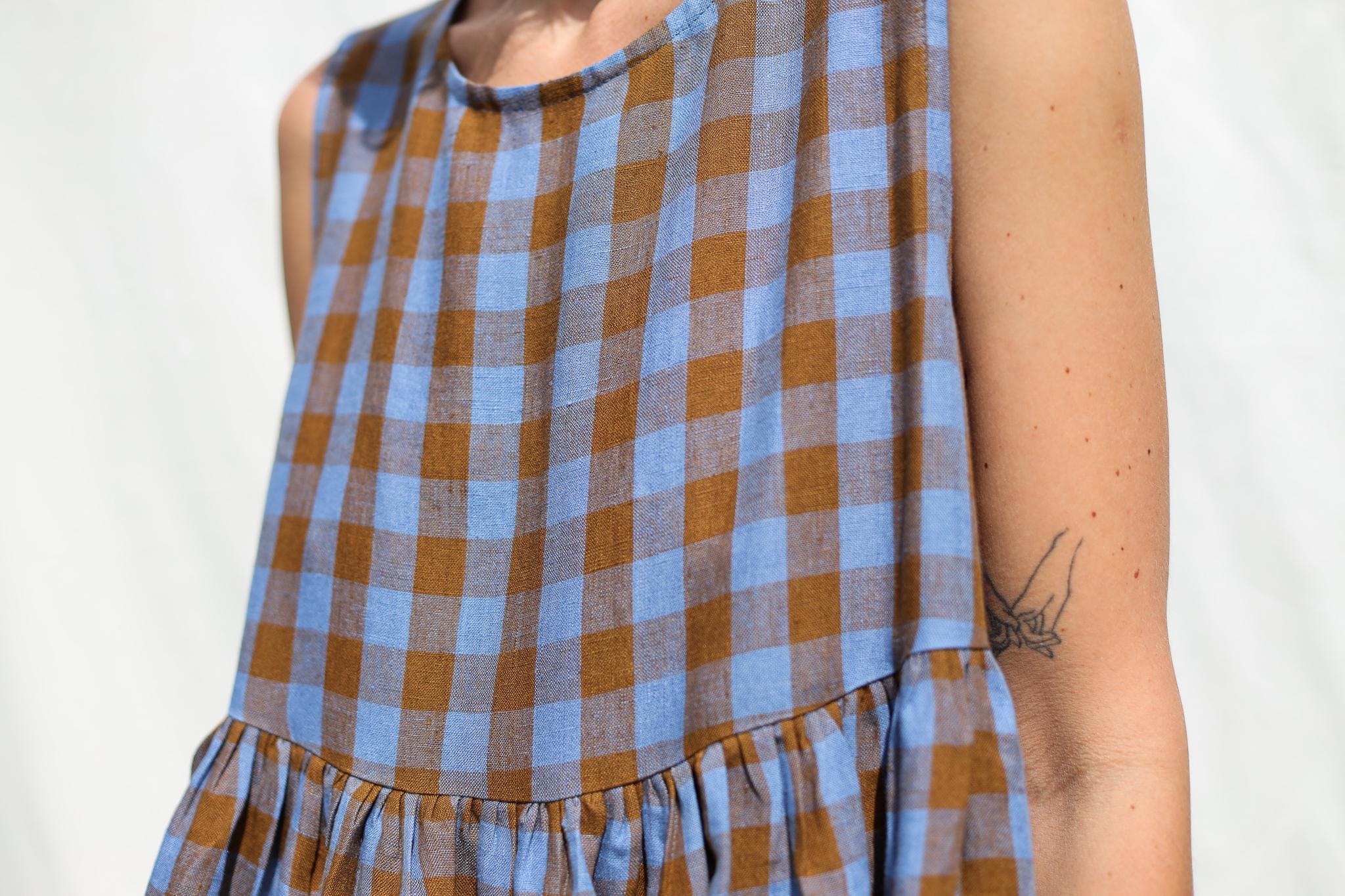 Exclusive Blue Bonnet Linen checks smock sleeveless dress • OFFON CLOTHING