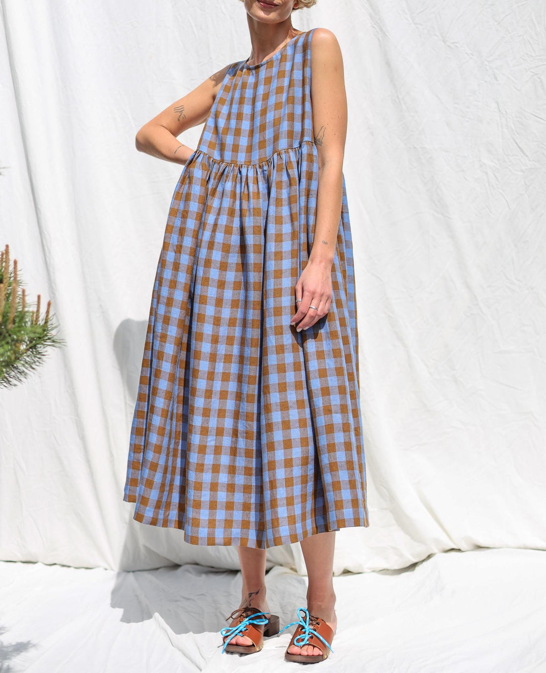 Exclusive Blue Bonnet Linen checks smock sleeveless dress • OFFON CLOTHING