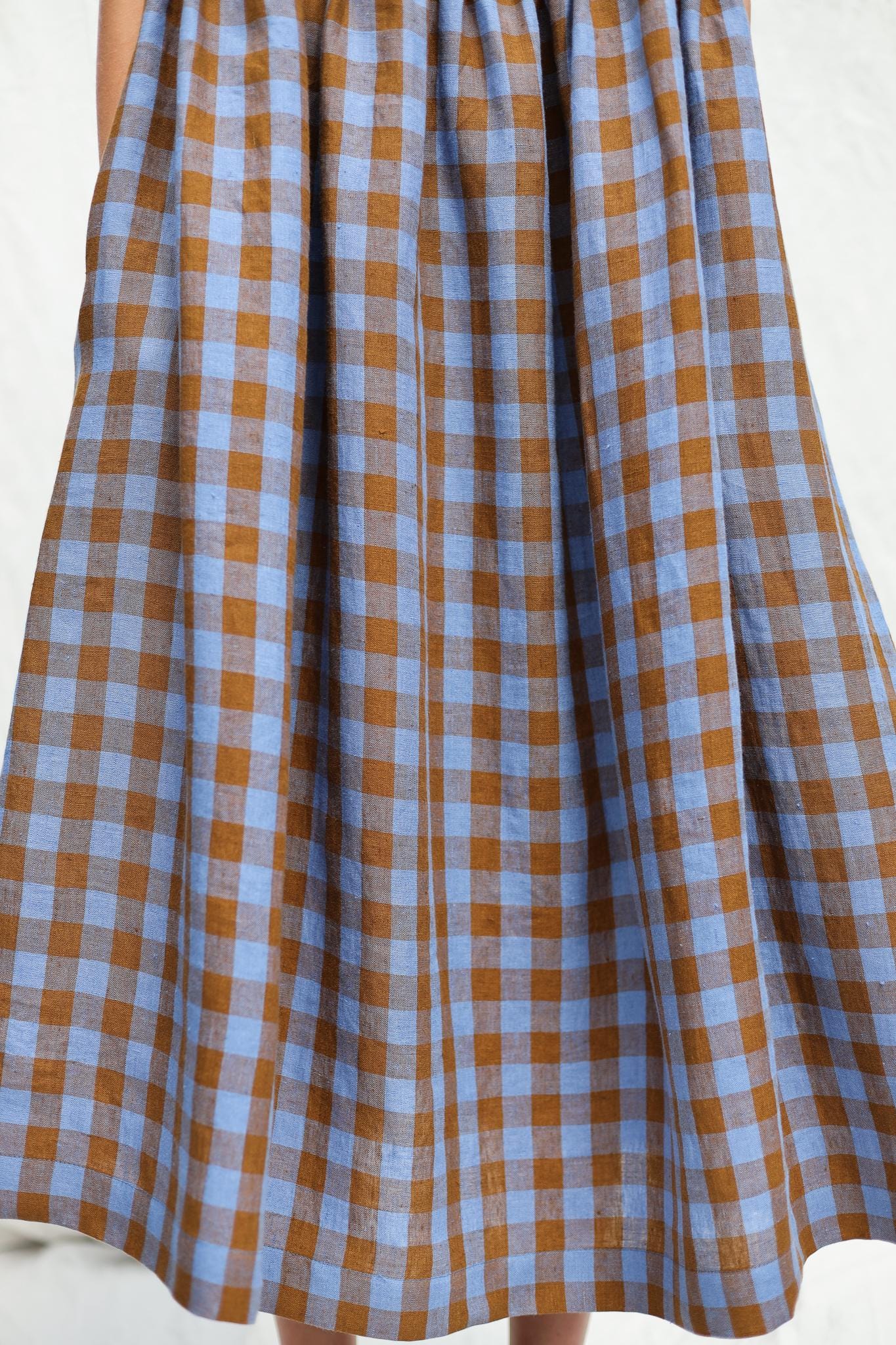 Exclusive Blue Bonnet Linen checks smock sleeveless dress • OFFON CLOTHING