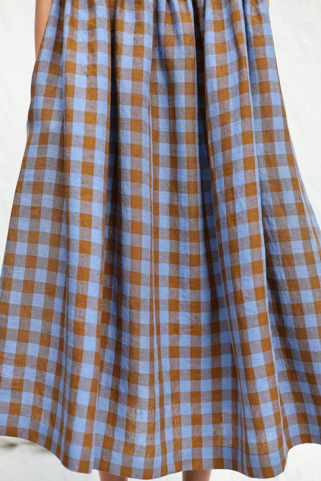 Exclusive Blue Bonnet Linen checks smock sleeveless dress • OFFON CLOTHING