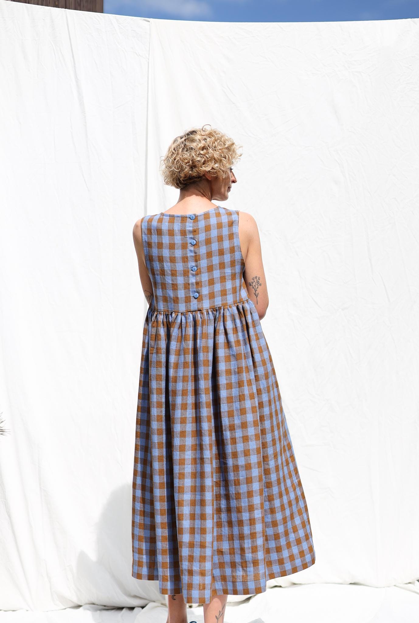 Exclusive Blue Bonnet Linen checks smock sleeveless dress • OFFON CLOTHING