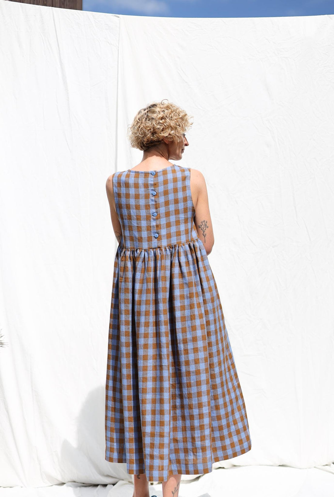 Exclusive Blue Bonnet Linen checks smock sleeveless dress • OFFON CLOTHING