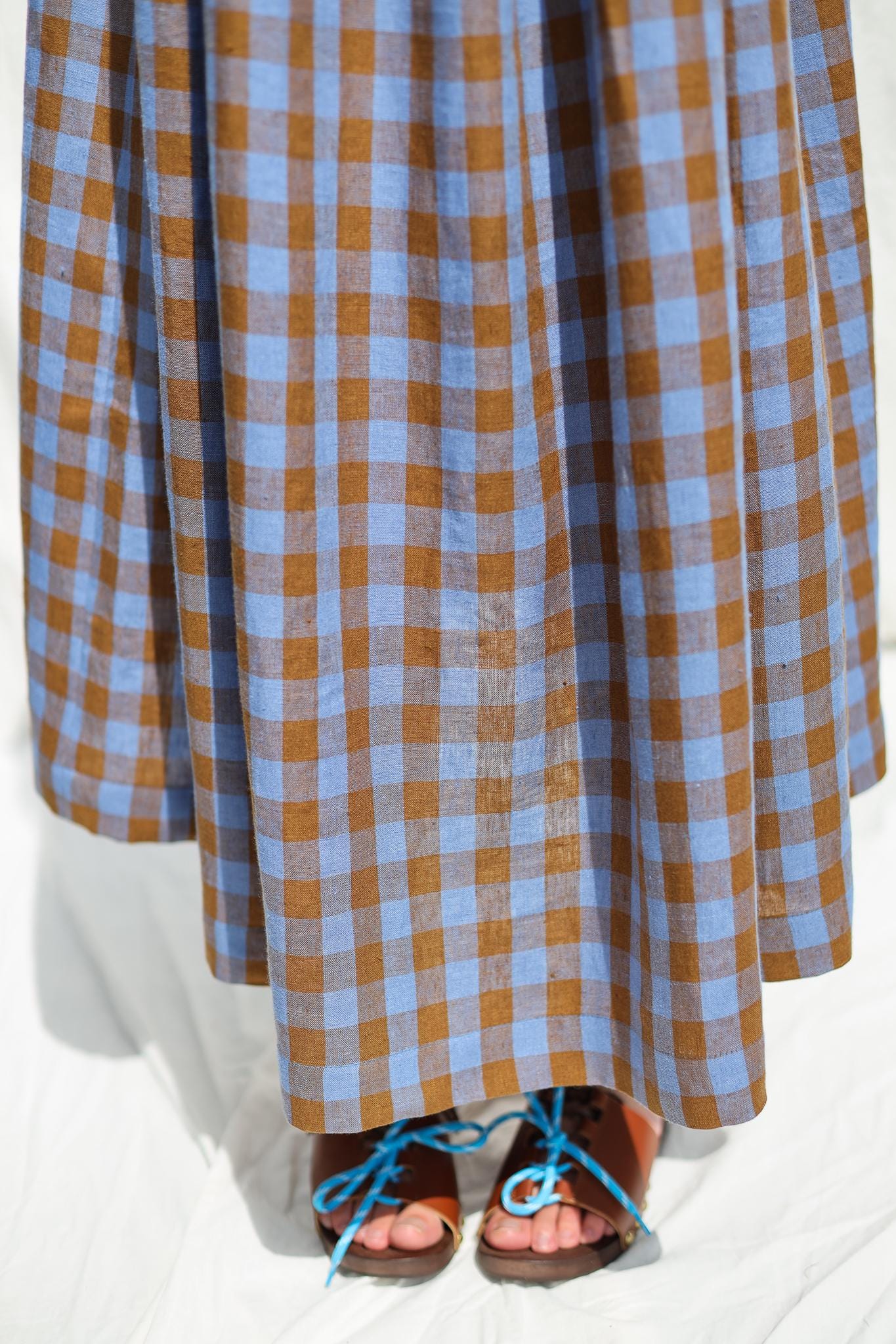 Exclusive Blue Bonnet Linen checks smock sleeveless dress • OFFON CLOTHING