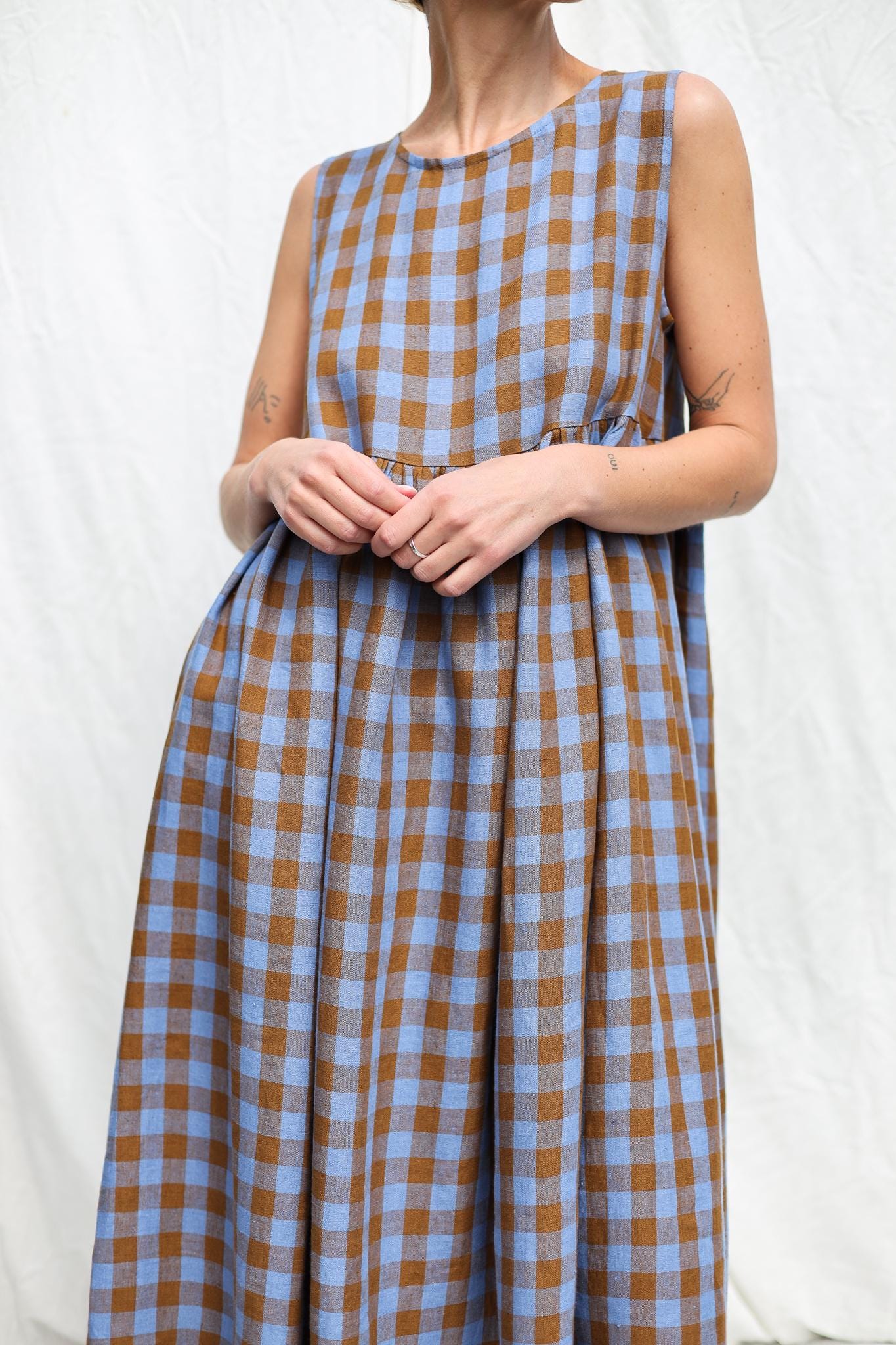 Exclusive Blue Bonnet Linen checks smock sleeveless dress • OFFON CLOTHING