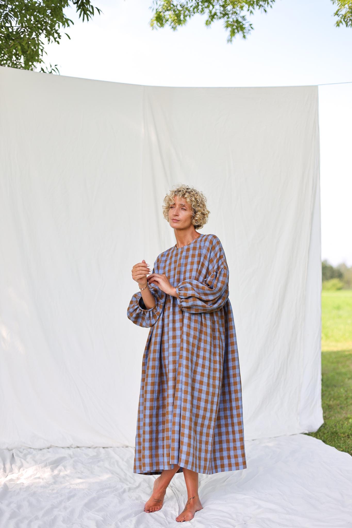 Oversized Linen Dress GRETA in Bluebonnet Checks - Handmade by OFFON CLOTHING