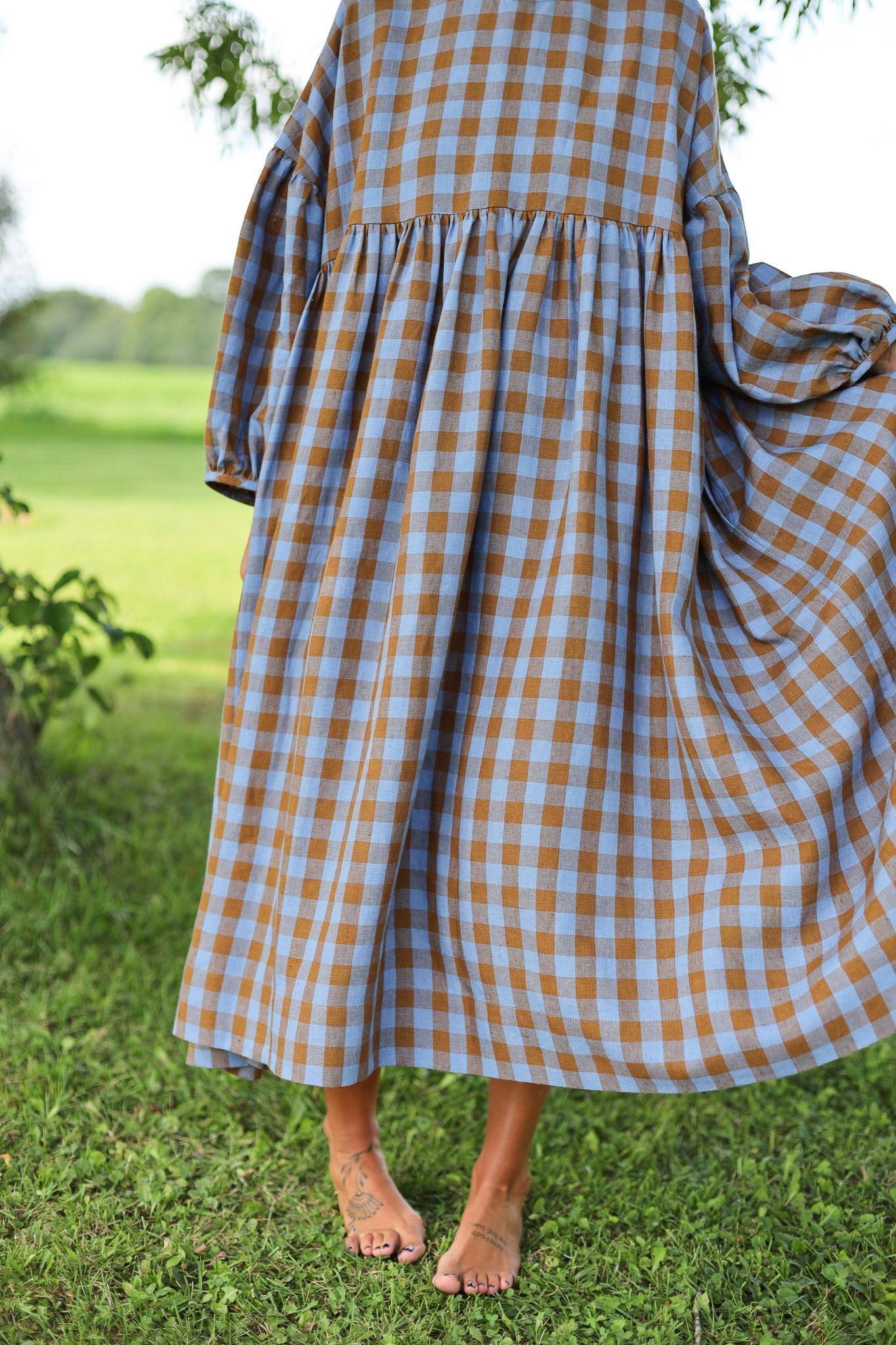 Oversized Linen Dress GRETA in Bluebonnet Checks - Handmade by OFFON CLOTHING