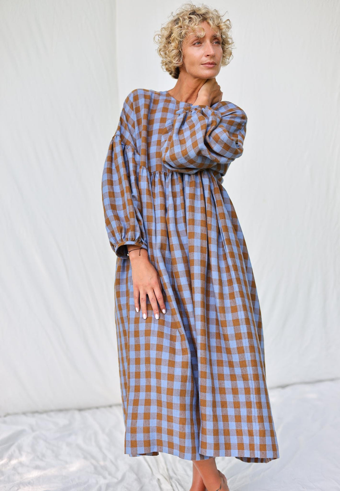Oversized Linen Dress GRETA in Bluebonnet Checks - Handmade by OFFON CLOTHING