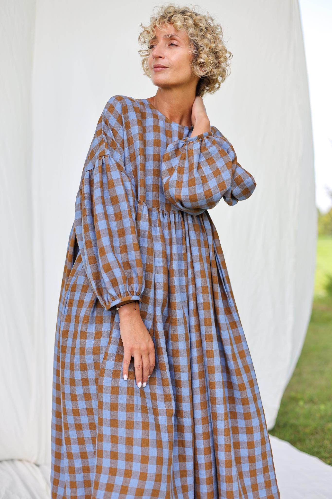 Oversized Linen Dress GRETA in Bluebonnet Checks - Handmade by OFFON CLOTHING