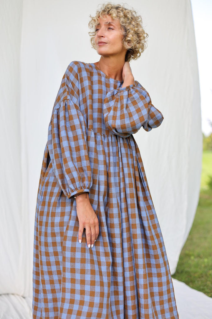 Oversized Linen Dress GRETA in Bluebonnet Checks - Handmade by OFFON CLOTHING
