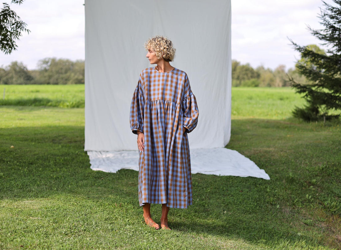 Oversized Linen Dress GRETA in Bluebonnet Checks - Handmade by OFFON CLOTHING