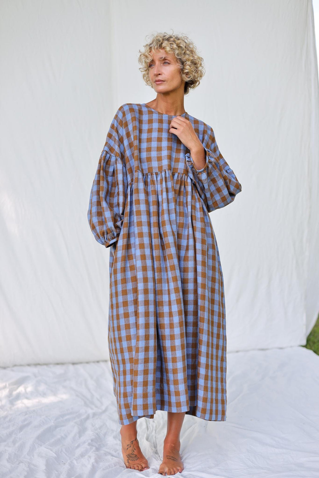 Oversized Linen Dress GRETA in Bluebonnet Checks - Handmade by OFFON CLOTHING