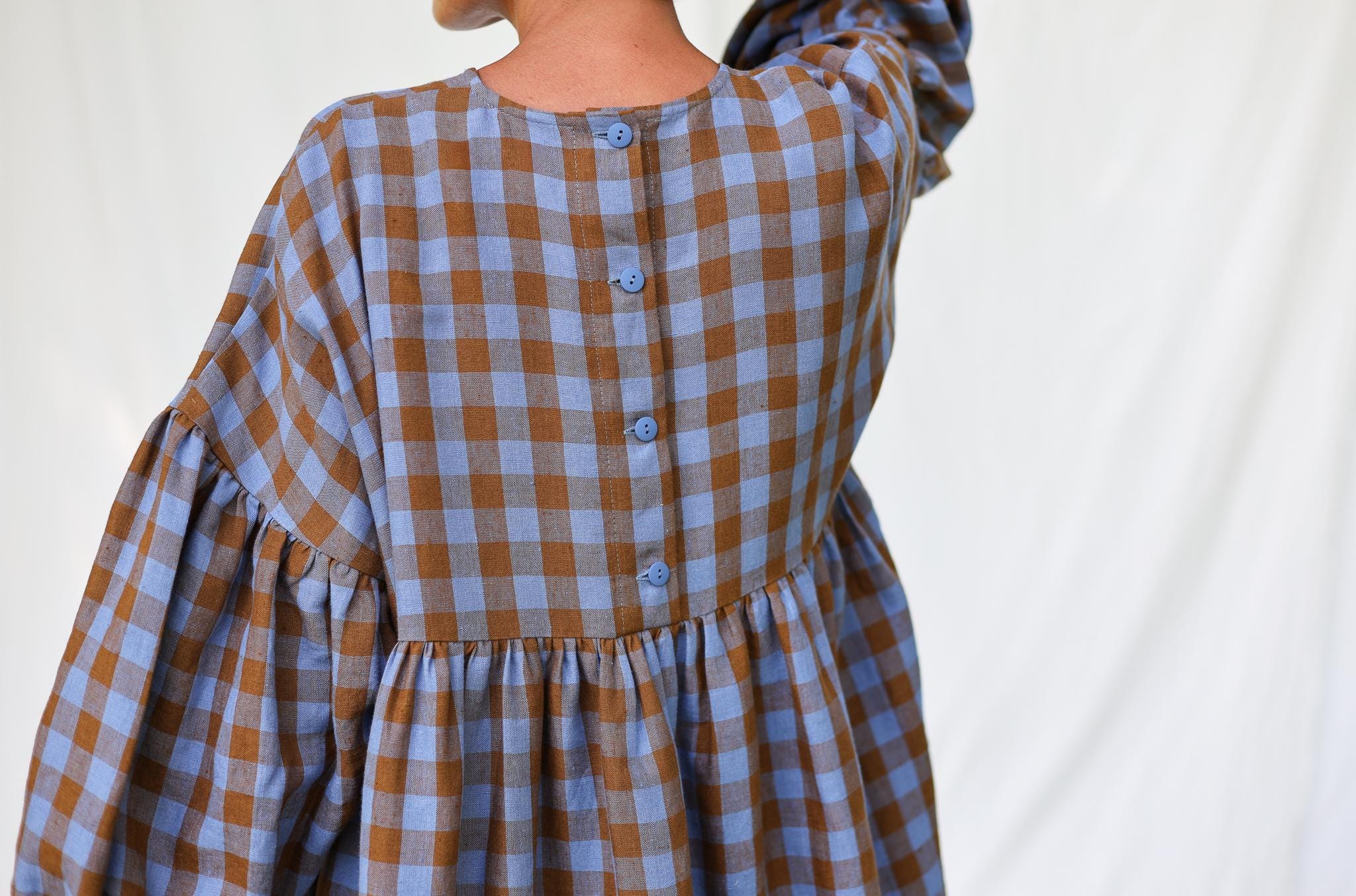 Oversized Linen Dress GRETA in Bluebonnet Checks - Handmade by OFFON CLOTHING
