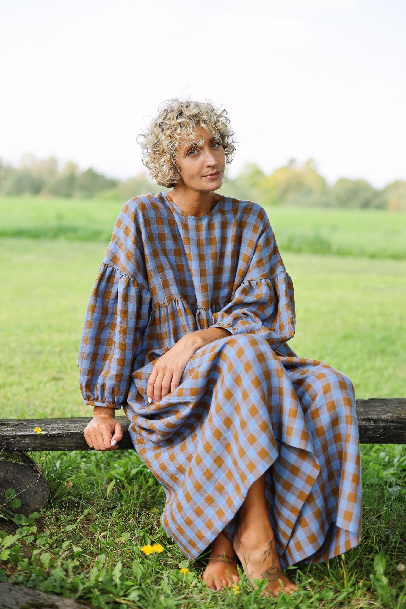 Oversized Linen Dress GRETA in Bluebonnet Checks - Handmade by OFFON CLOTHING
