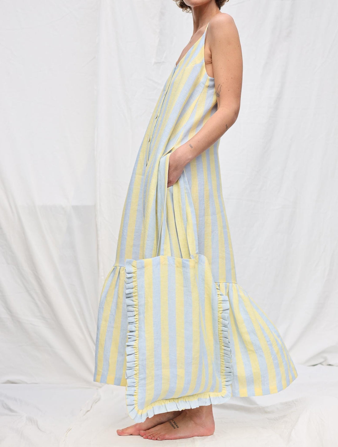 Sleeveless Striped Linen Dress with Ruffled Hem by OFFON Clothing