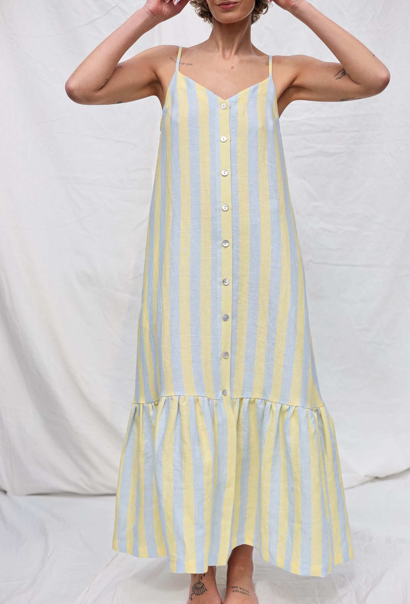 Sleeveless Striped Linen Dress with Ruffled Hem by OFFON Clothing