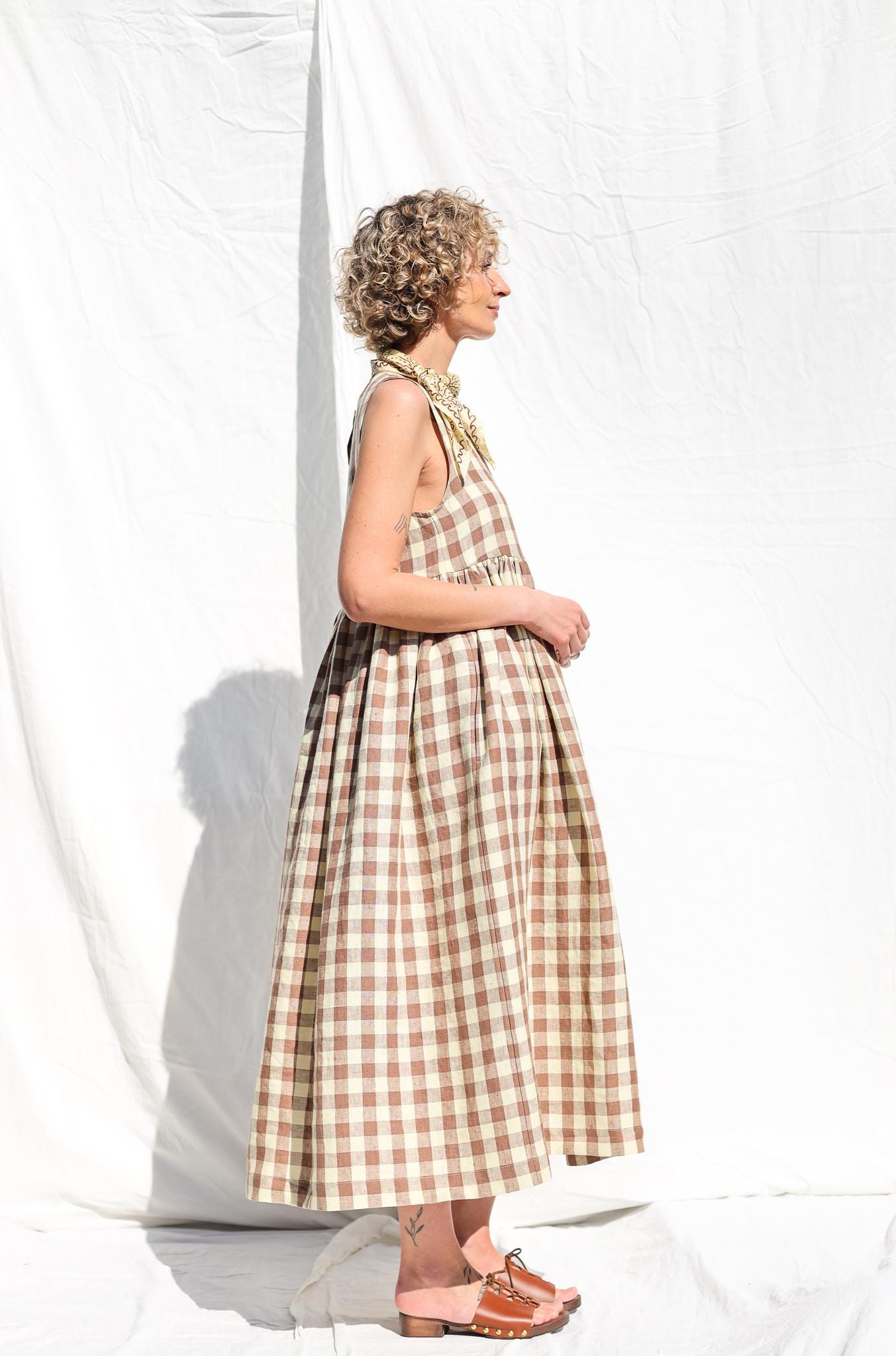 Sleveless linen smock dress in checks • OFFON CLOTHING