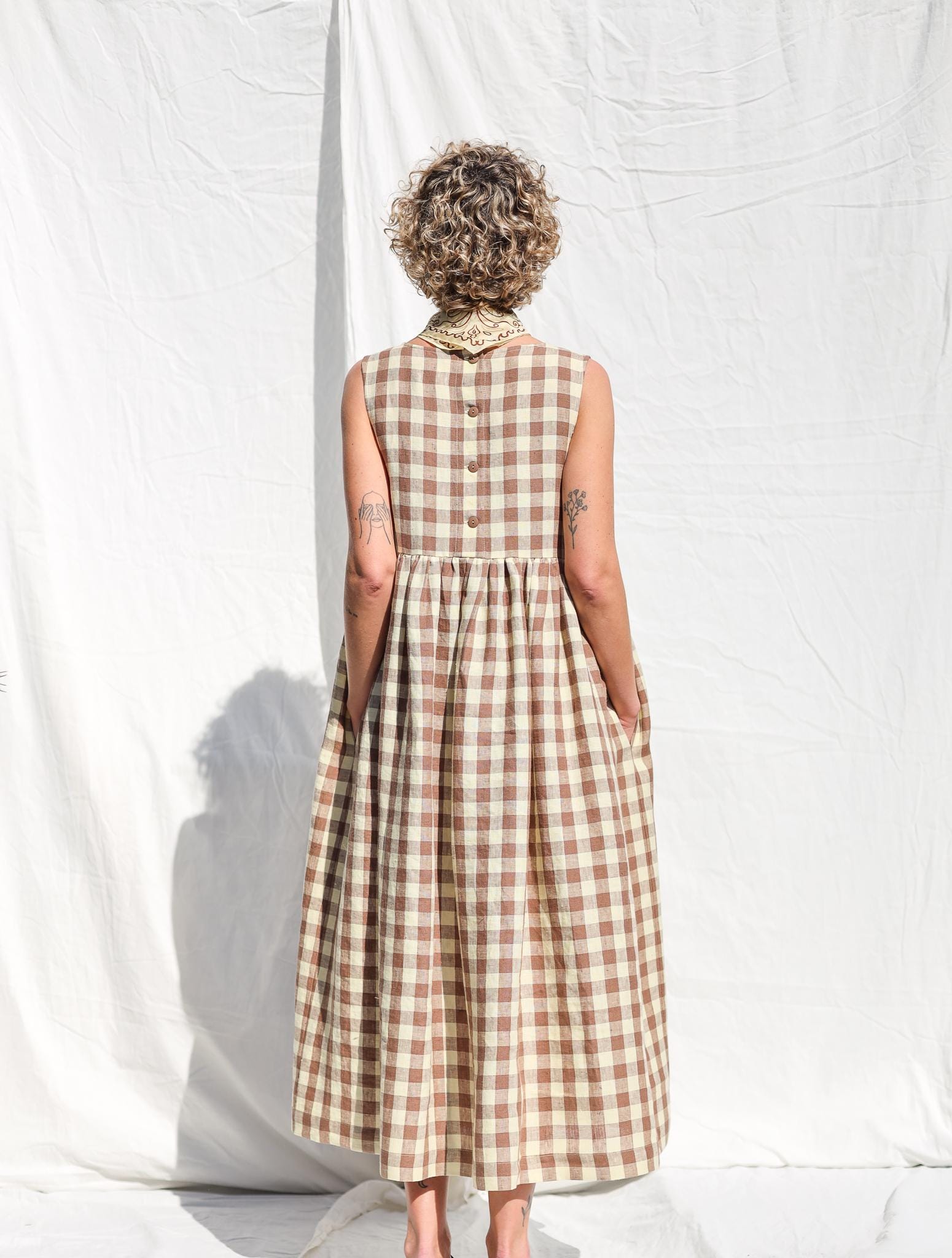 Sleveless linen smock dress in checks • OFFON CLOTHING