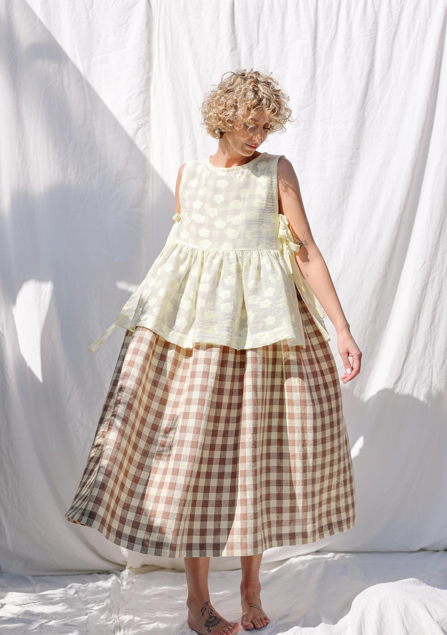 Sleveless linen smock dress in checks • OFFON CLOTHING