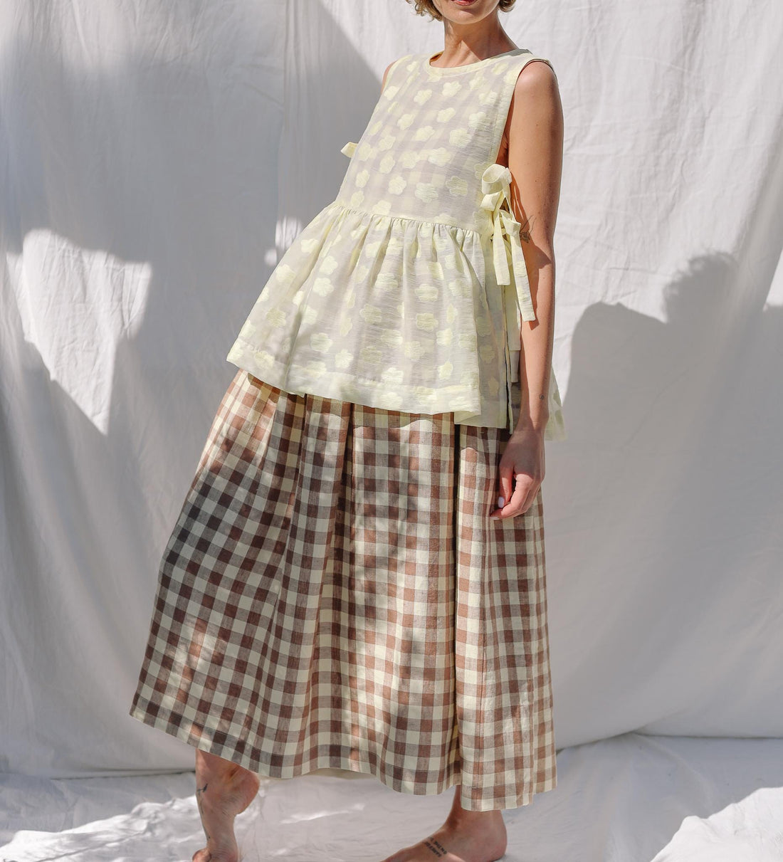 Sleveless linen smock dress in checks • OFFON CLOTHING