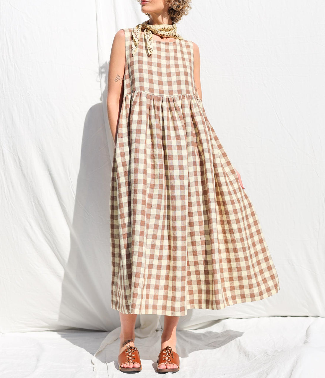Sleveless linen smock dress in checks • OFFON CLOTHING